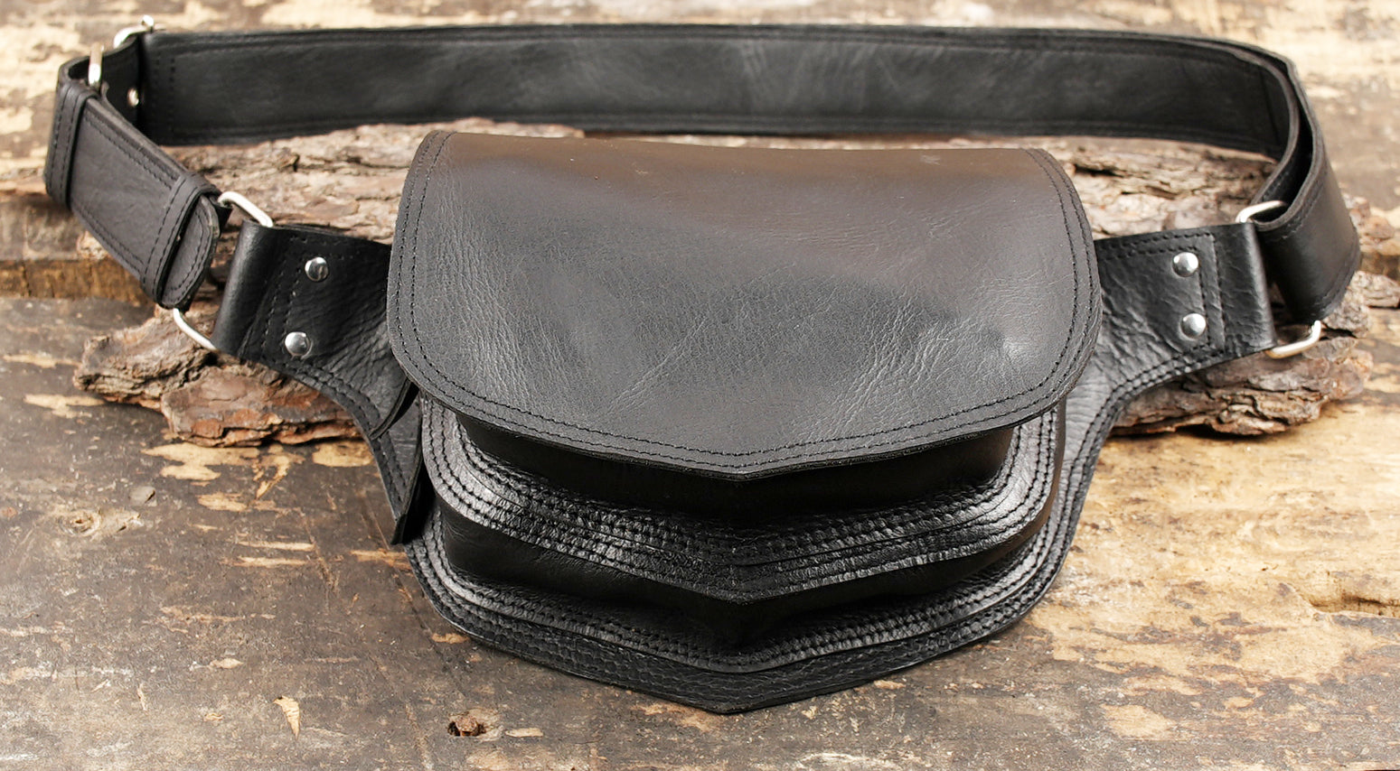 Black leather waist pouch belt with reinforced stitching