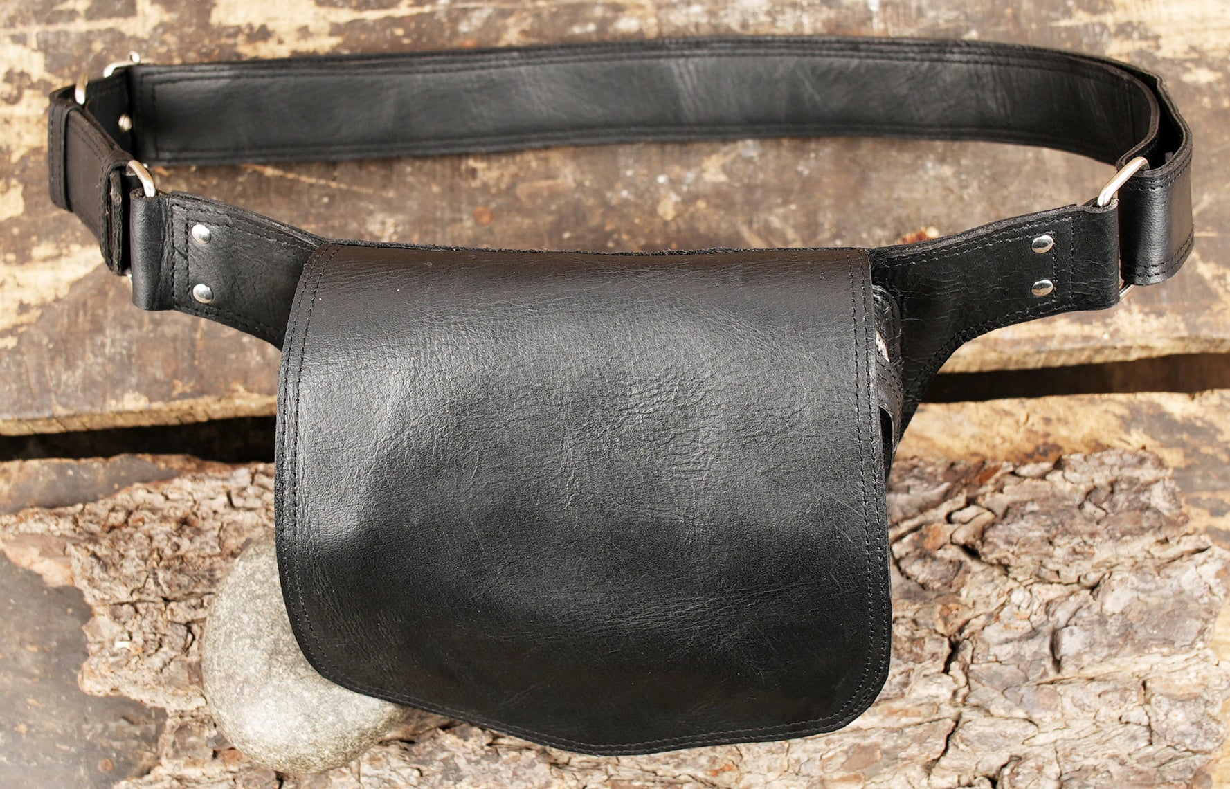 Black leather waist belt with wide front storage pouch