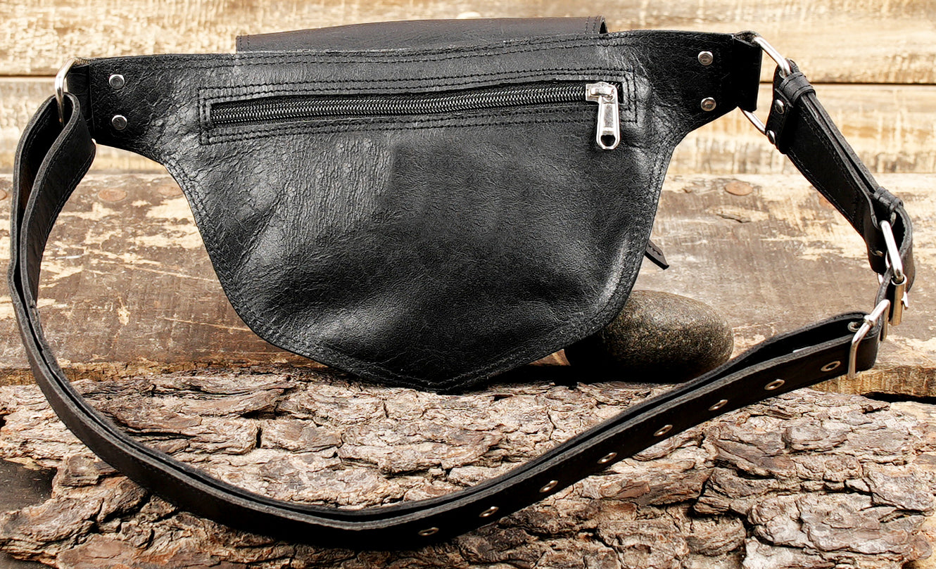 Leather waist bag belt with durable strap and rivets