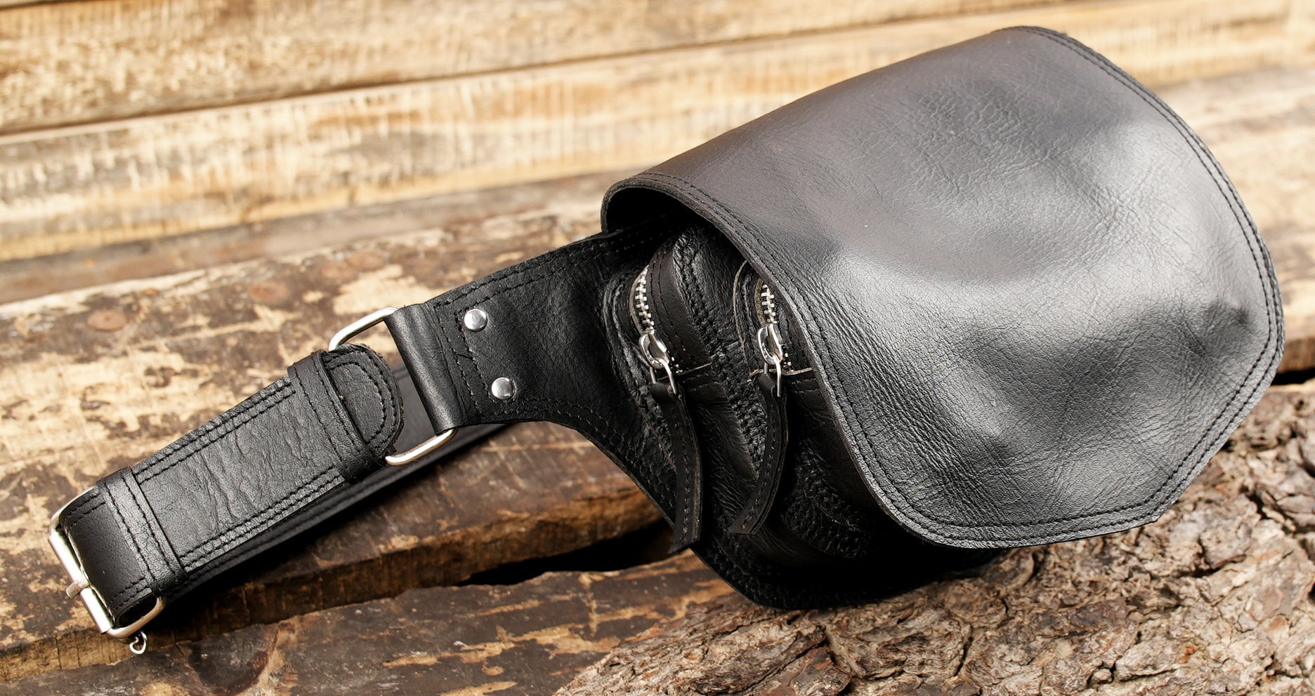 Handmade leather belt pouch with clean stitched edges