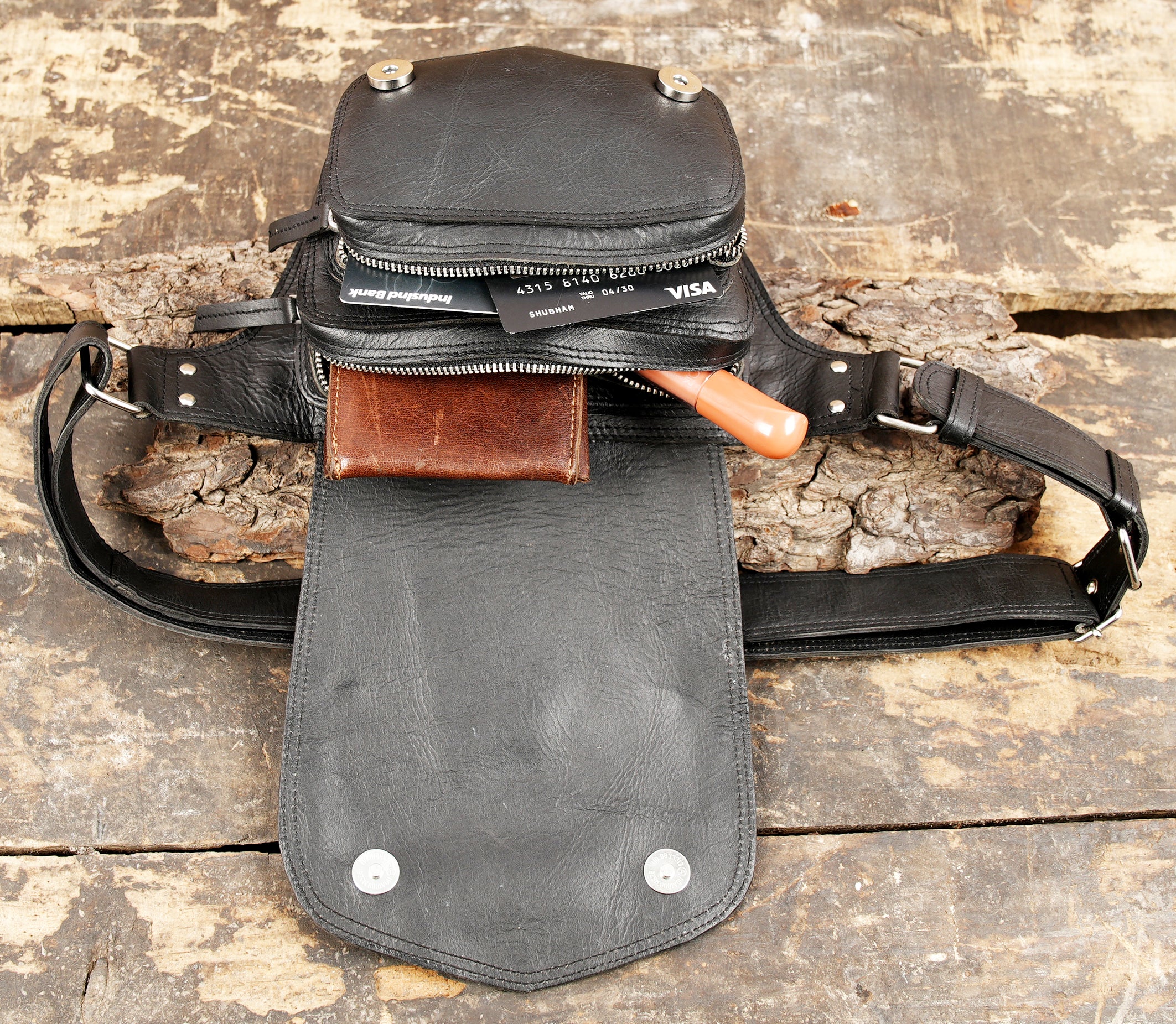 Leather waist belt bag designed for hands free carry