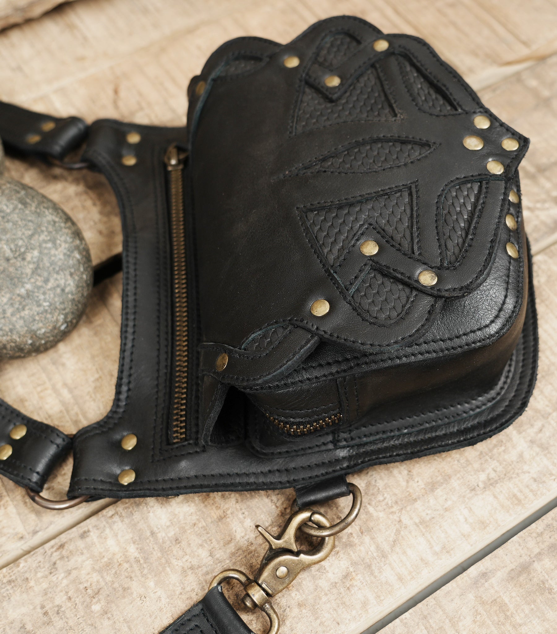 Handmade leather harness holster with dual utility pouches and brass hardware