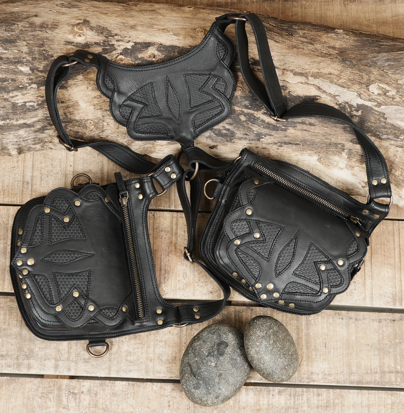 Artisan leather double pouch harness for festival and cosplay wear