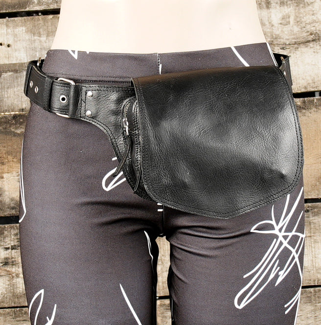 Adjustable leather hip pouch belt with flap closure