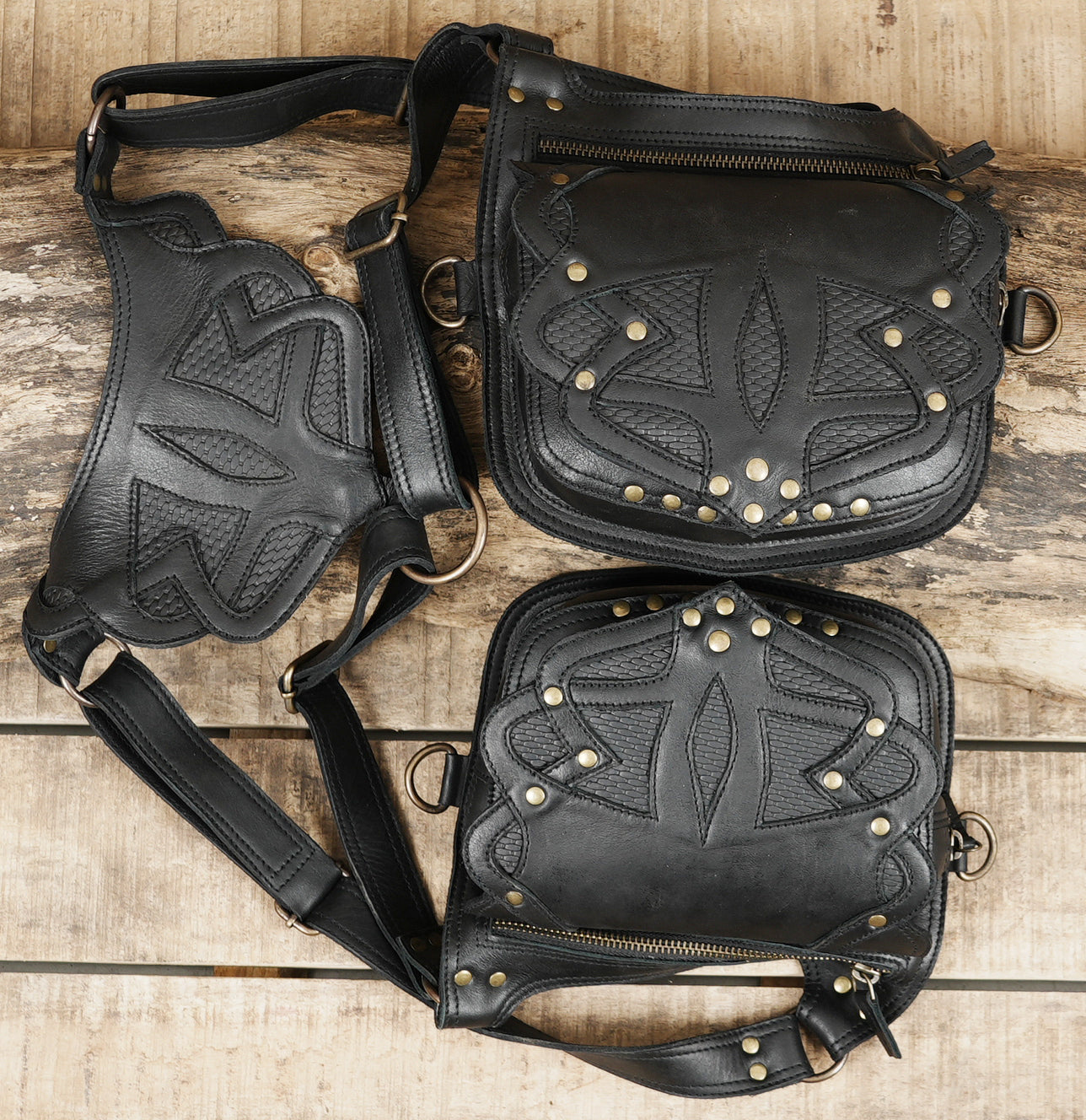 Rugged leather harness holster for travel and outdoor use