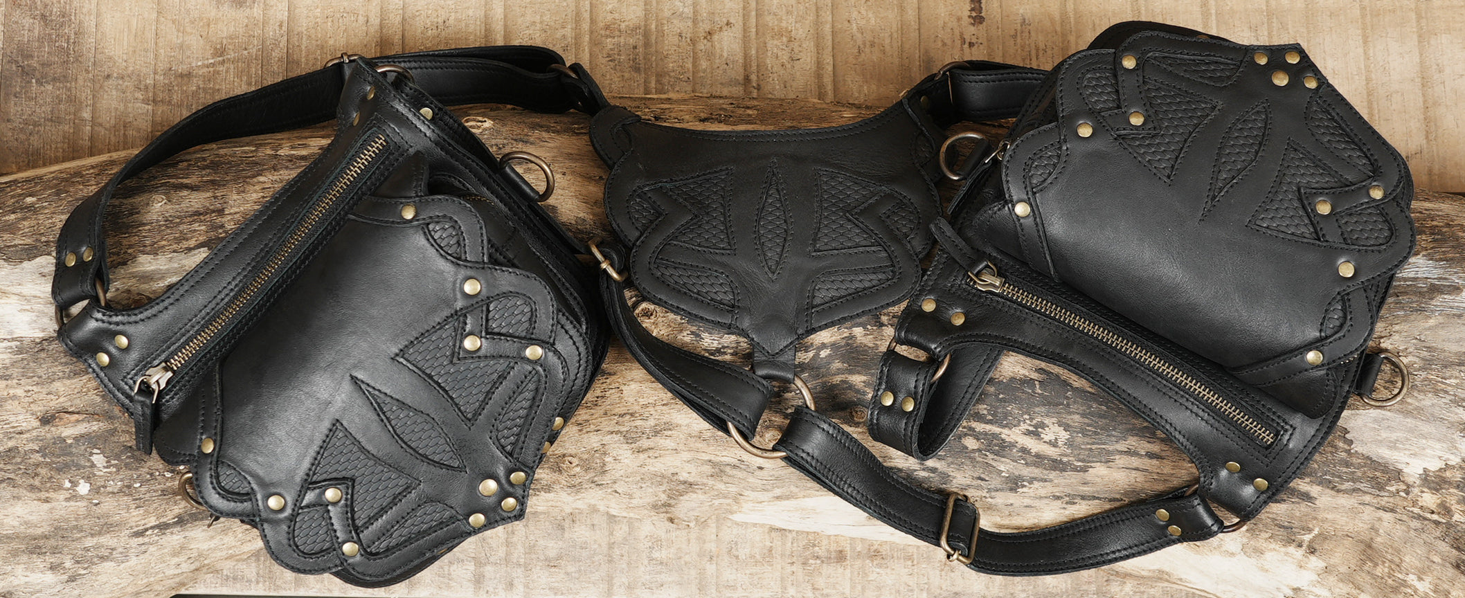 Black leather utility harness with double pouches and zipper closures