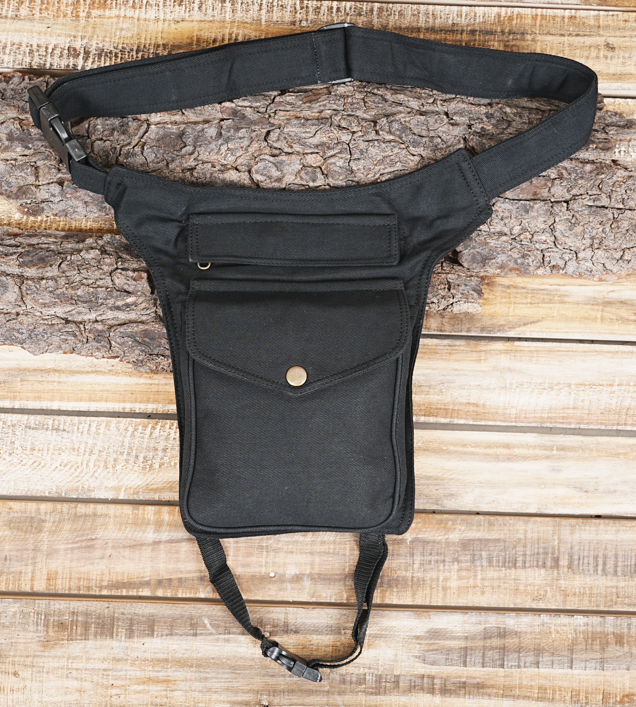 Black cotton canvas drop leg bag with adjustable thigh strap