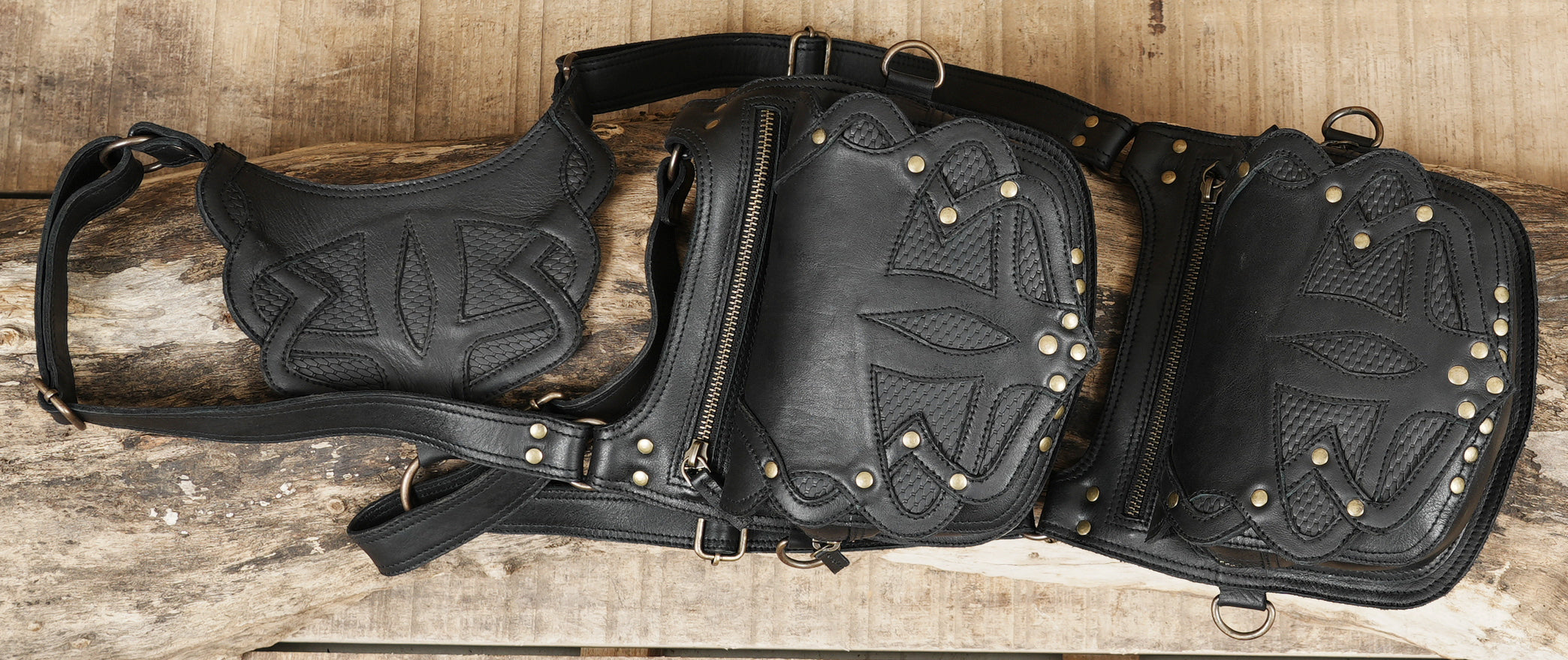 Festival ready leather chest holster with intricate pattern work
