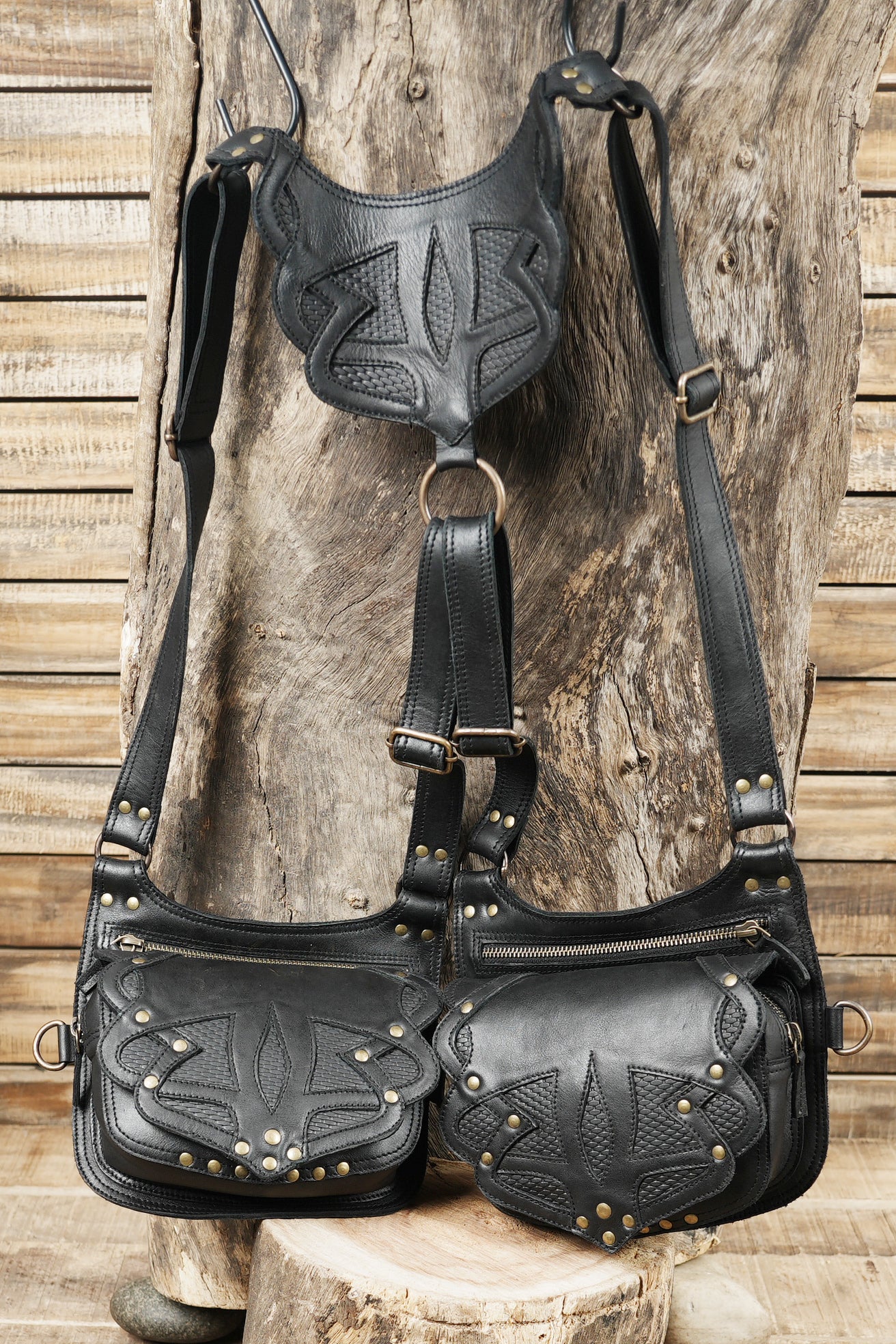 Dual pouch leather holster with premium stitching and brass fittings