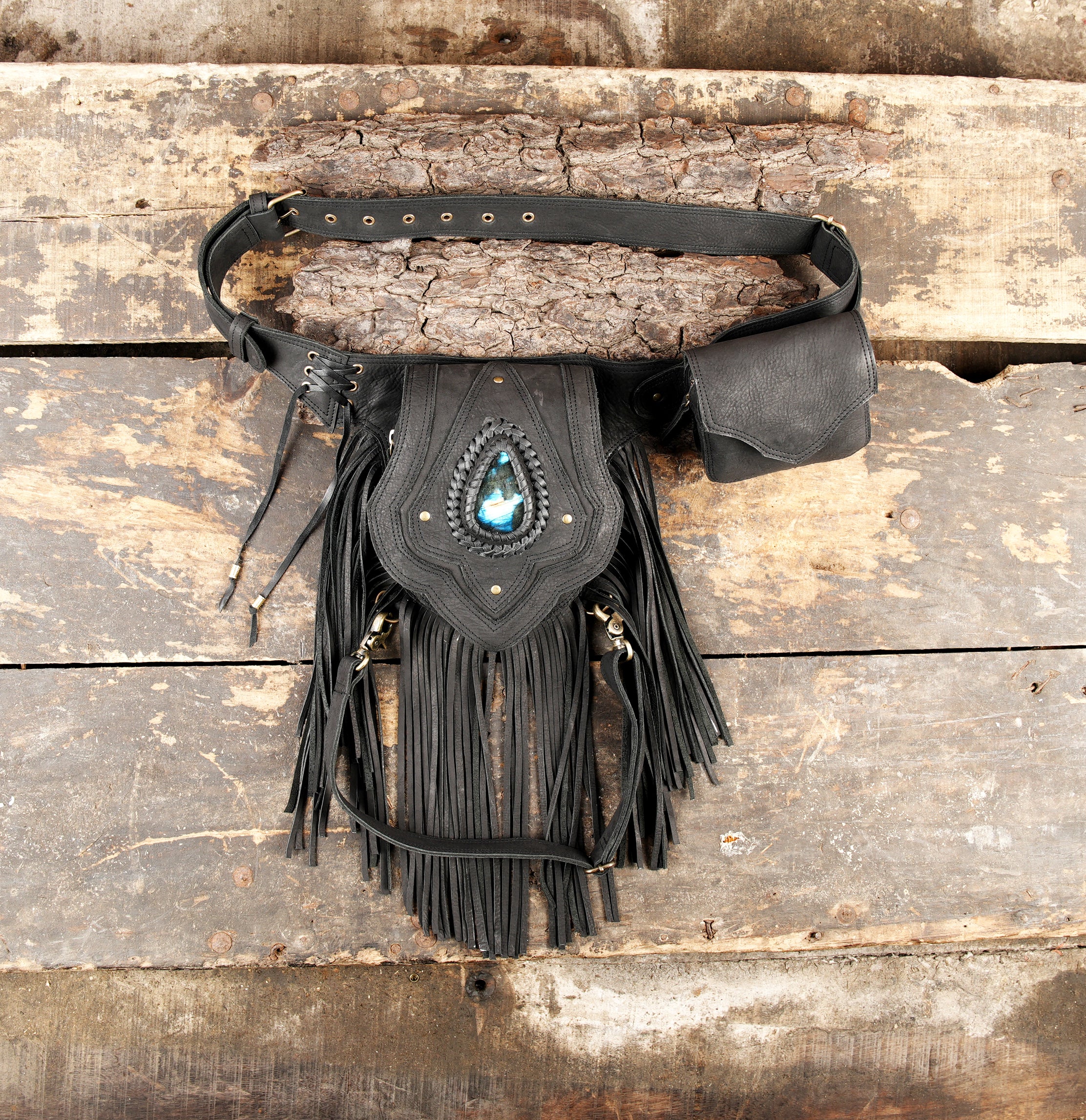 Handmade black leather waist thigh belt with gemstone centerpiece