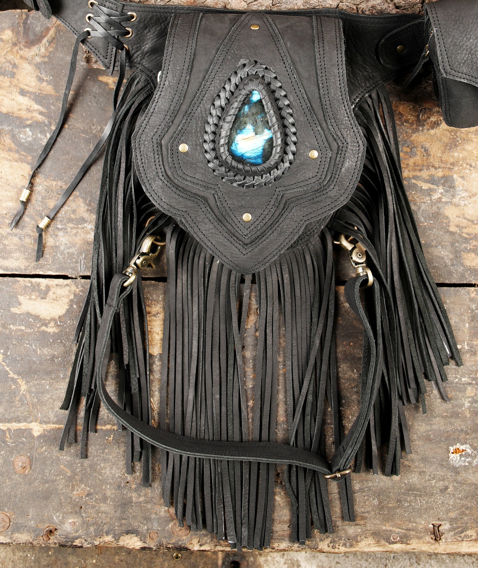 Leather waist thigh belt with natural stone accent and tassels