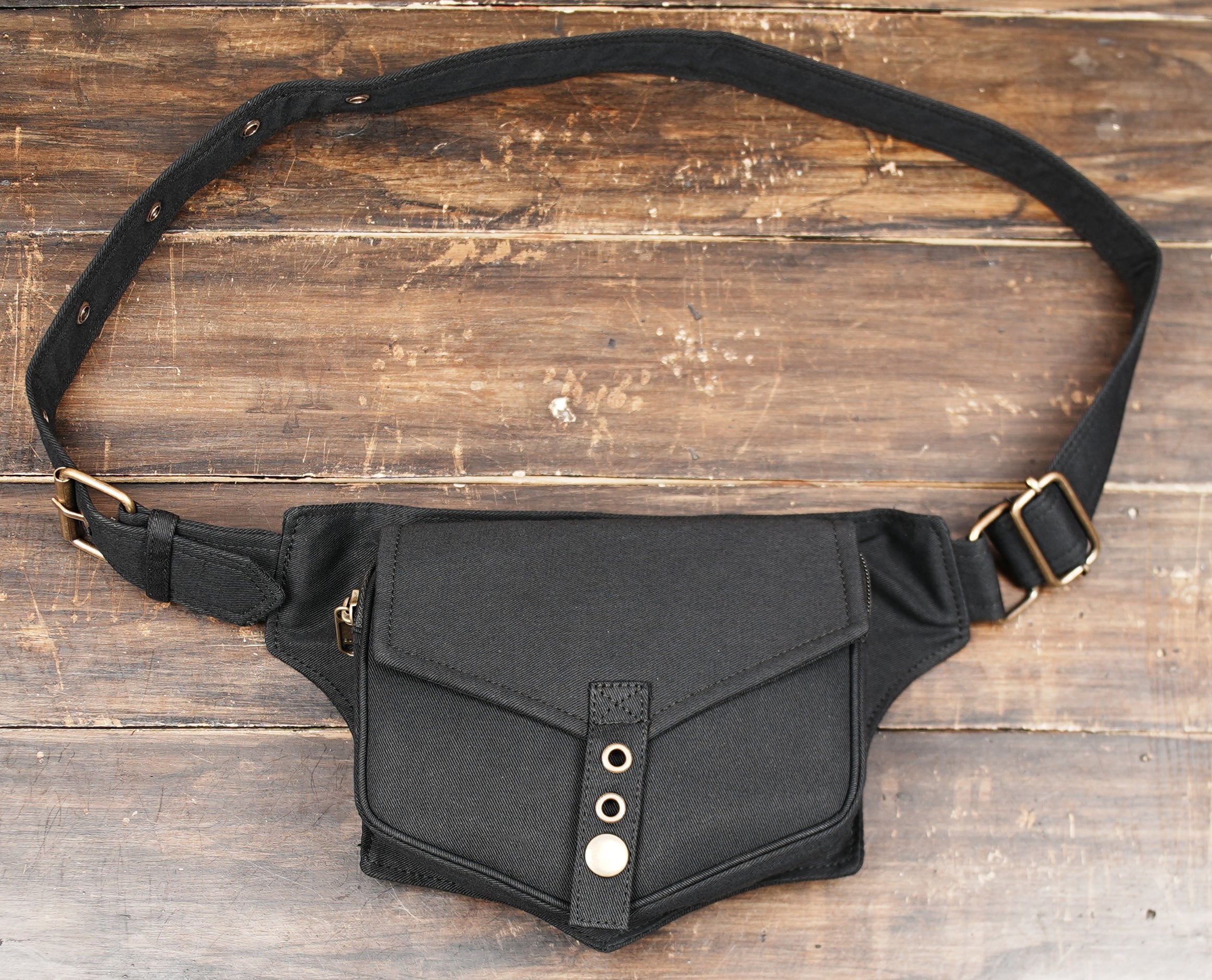 Cotton waist organizer bag with antique brass buckle accents