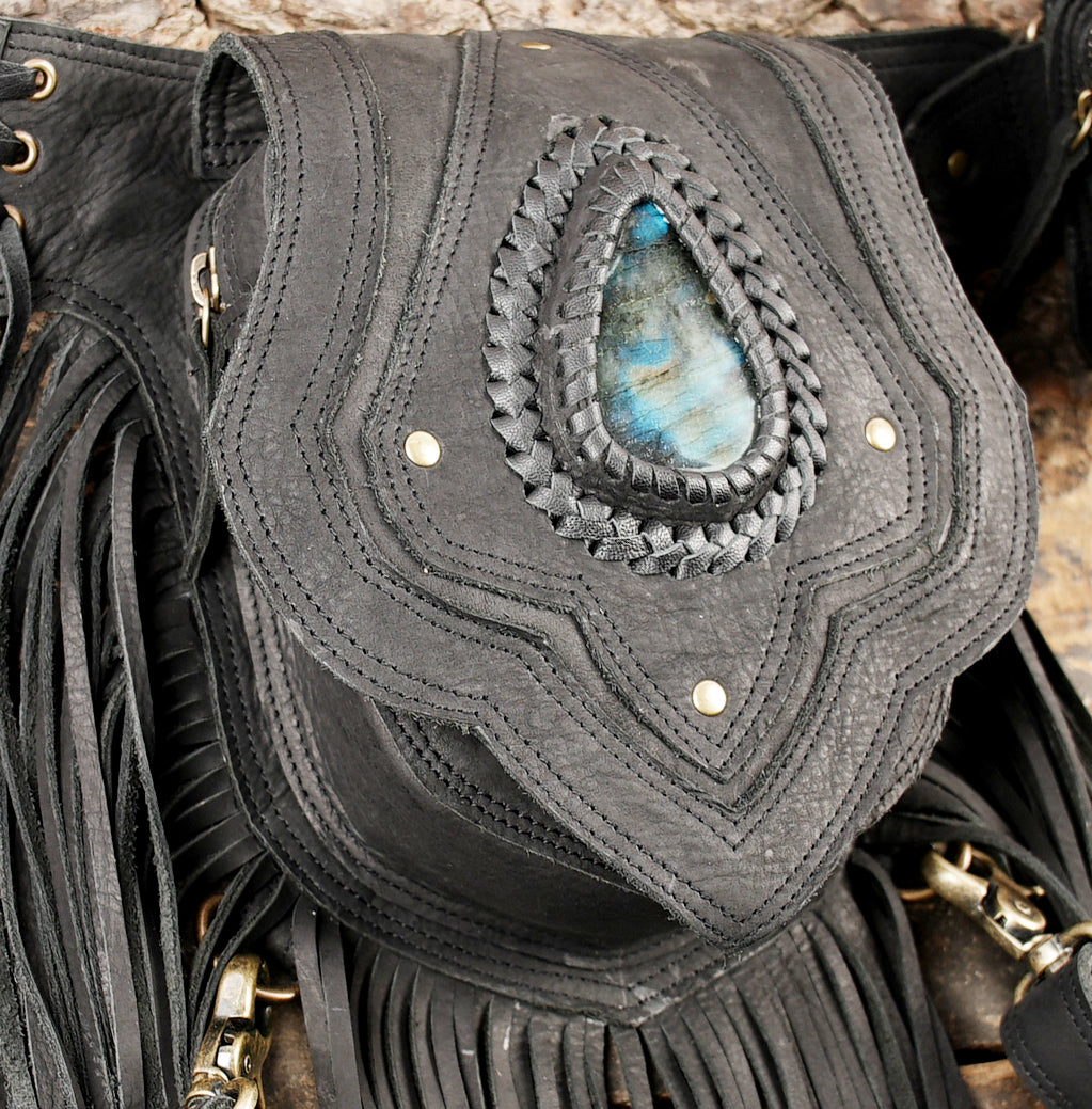 Handcrafted leather waist thigh harness with side pouch