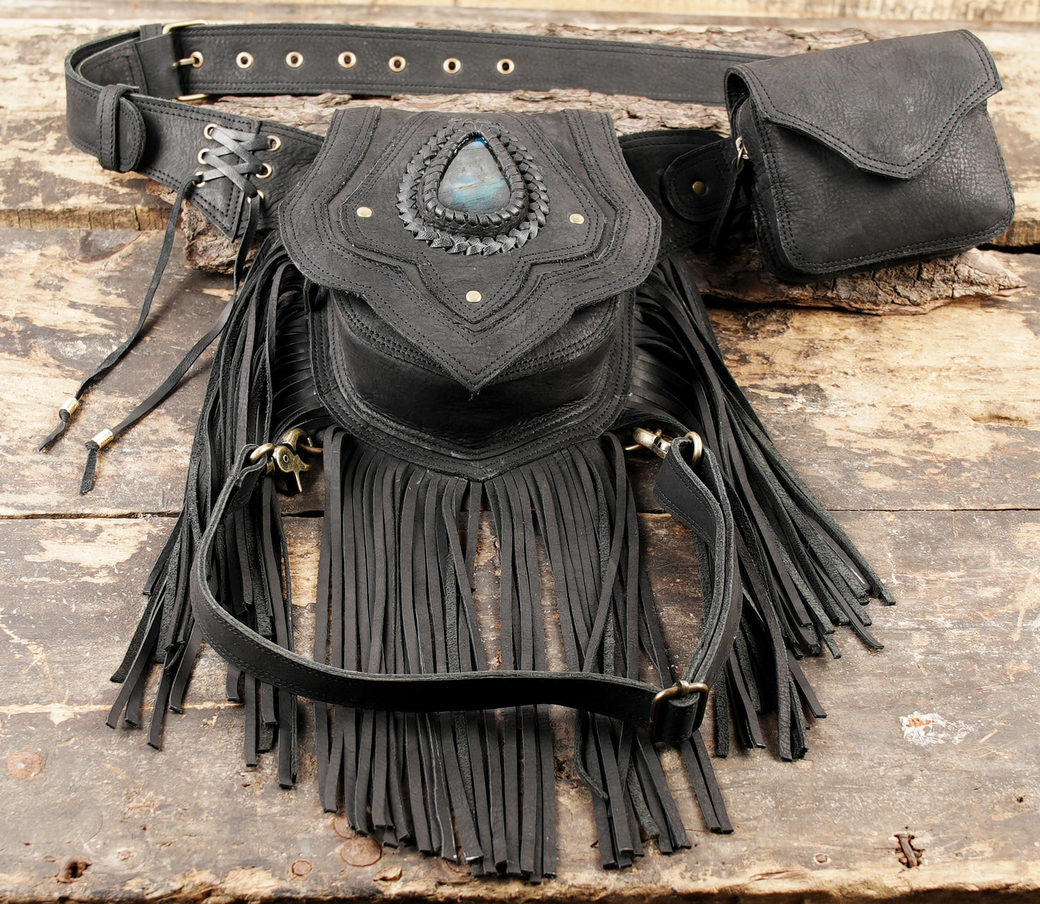 Leather waist thigh belt with side pocket and lace detail