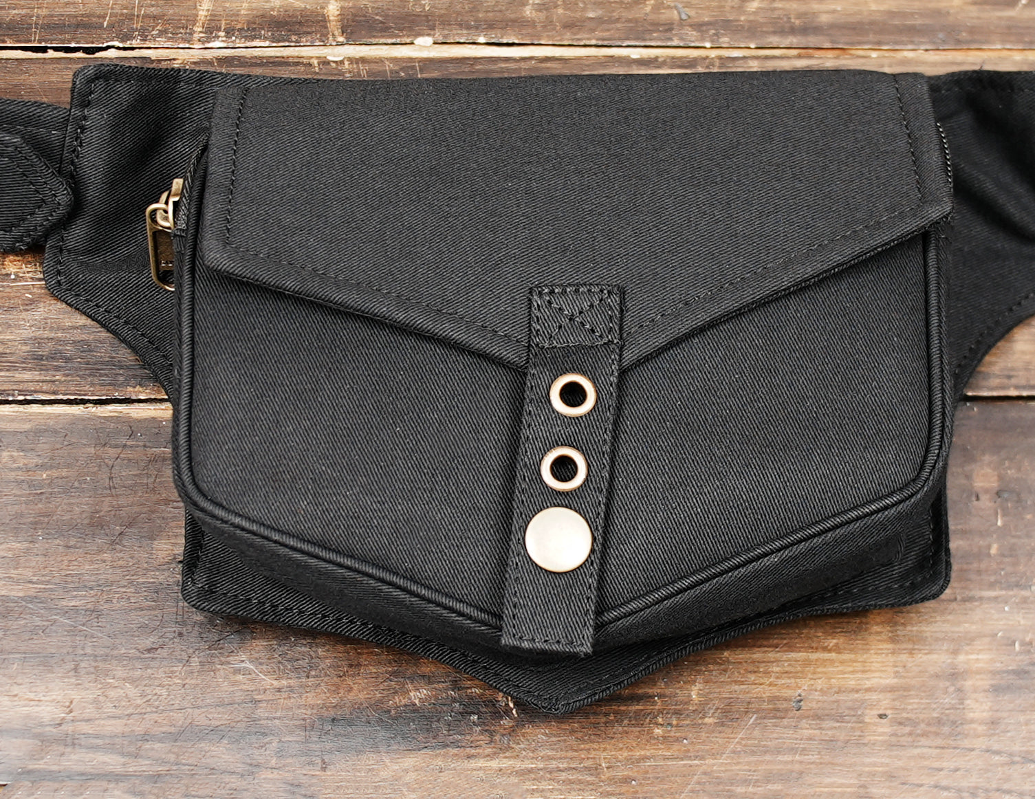 Black utility belt pouch with zip pocket and antique brass hardware