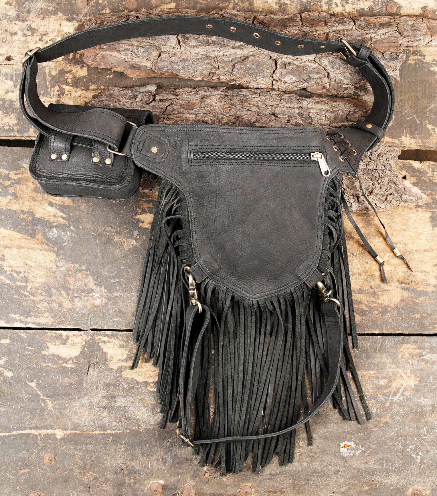 Leather thigh harness with gemstone front panel