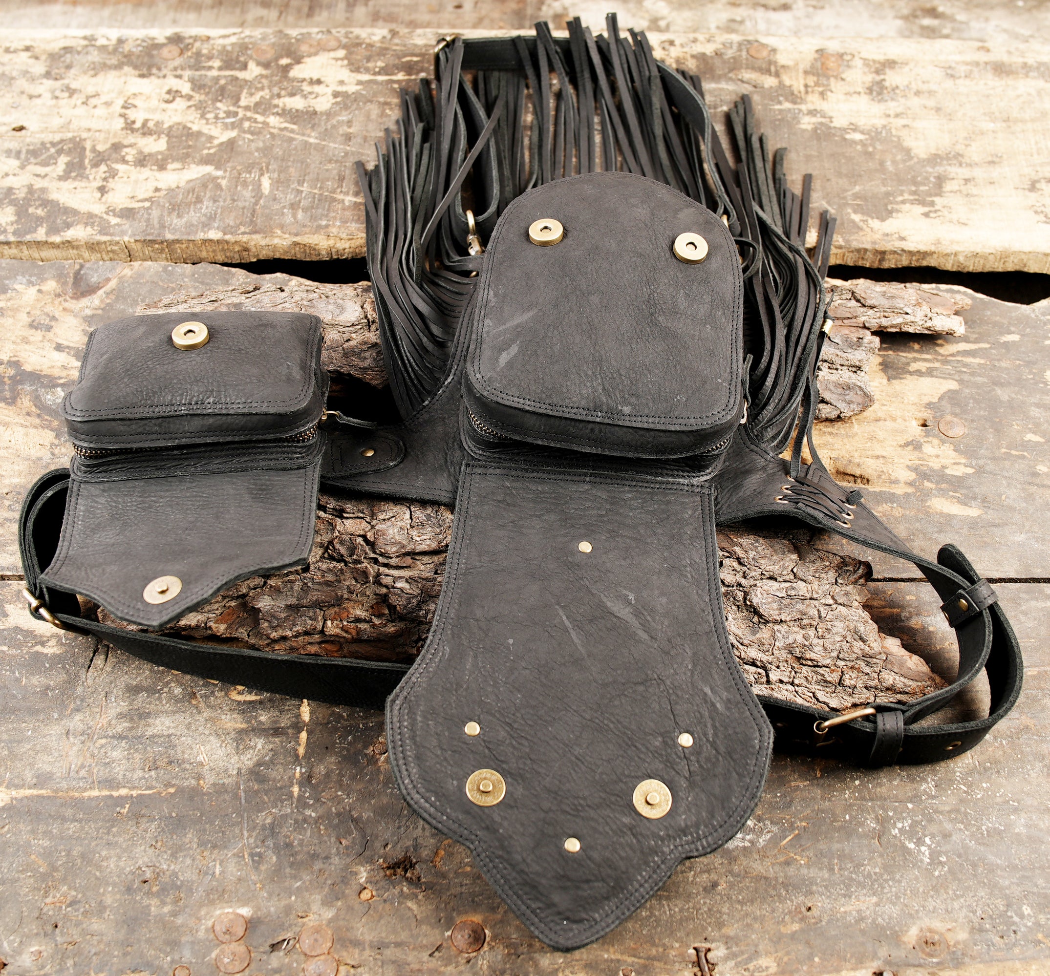 Black leather waist thigh belt with long leather tassels