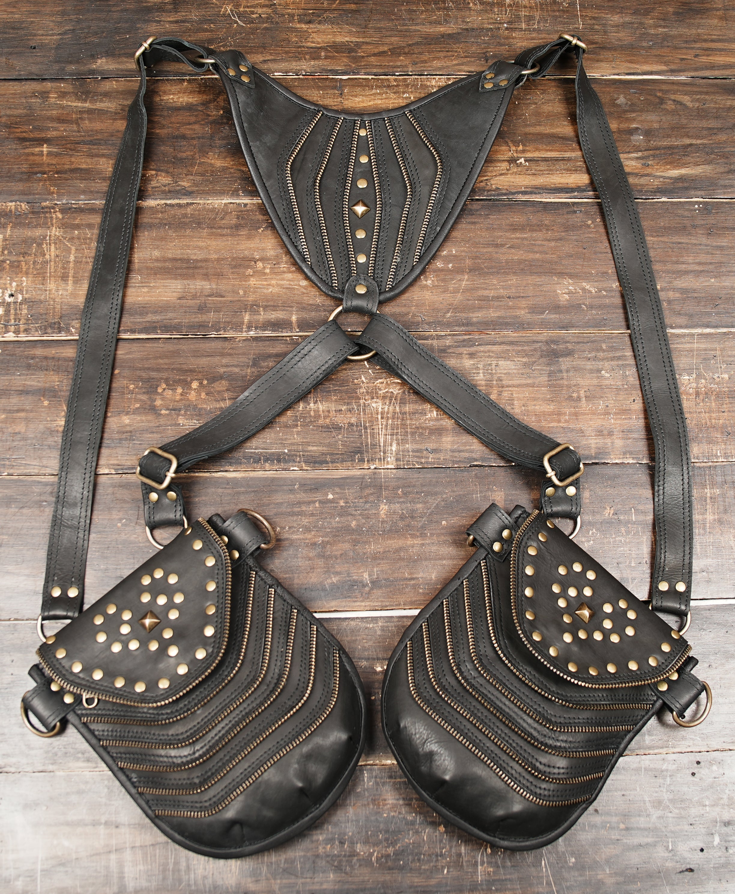 Festival-ready leather harness bag with adjustable straps and dual pockets