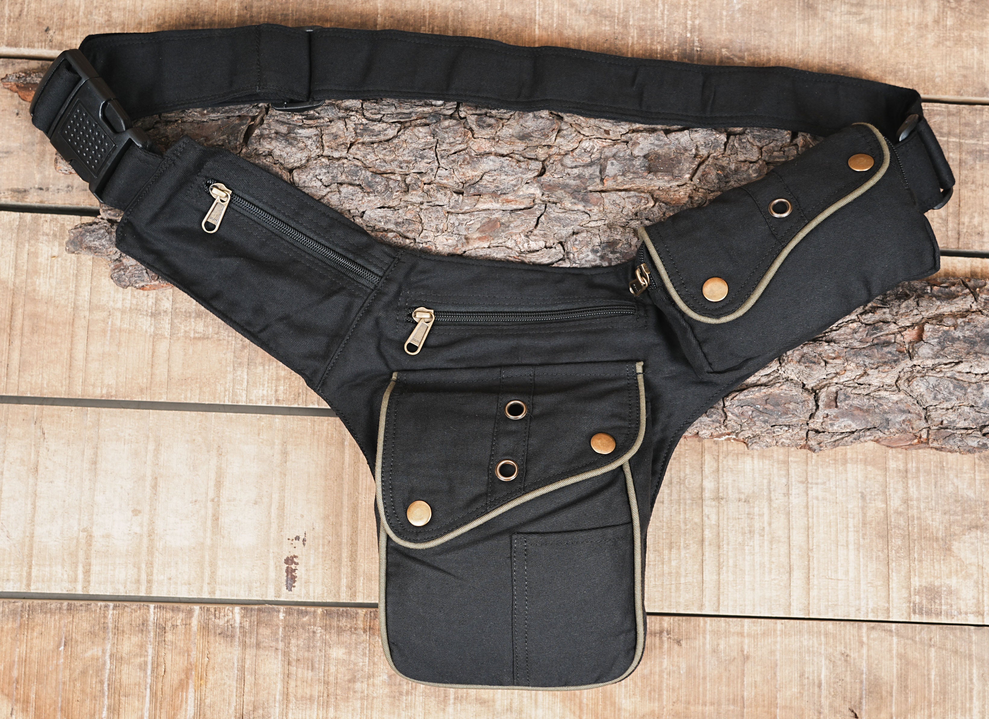 European Style Black Canvas Belt Bag with Utility Pockets and Contrast Piping