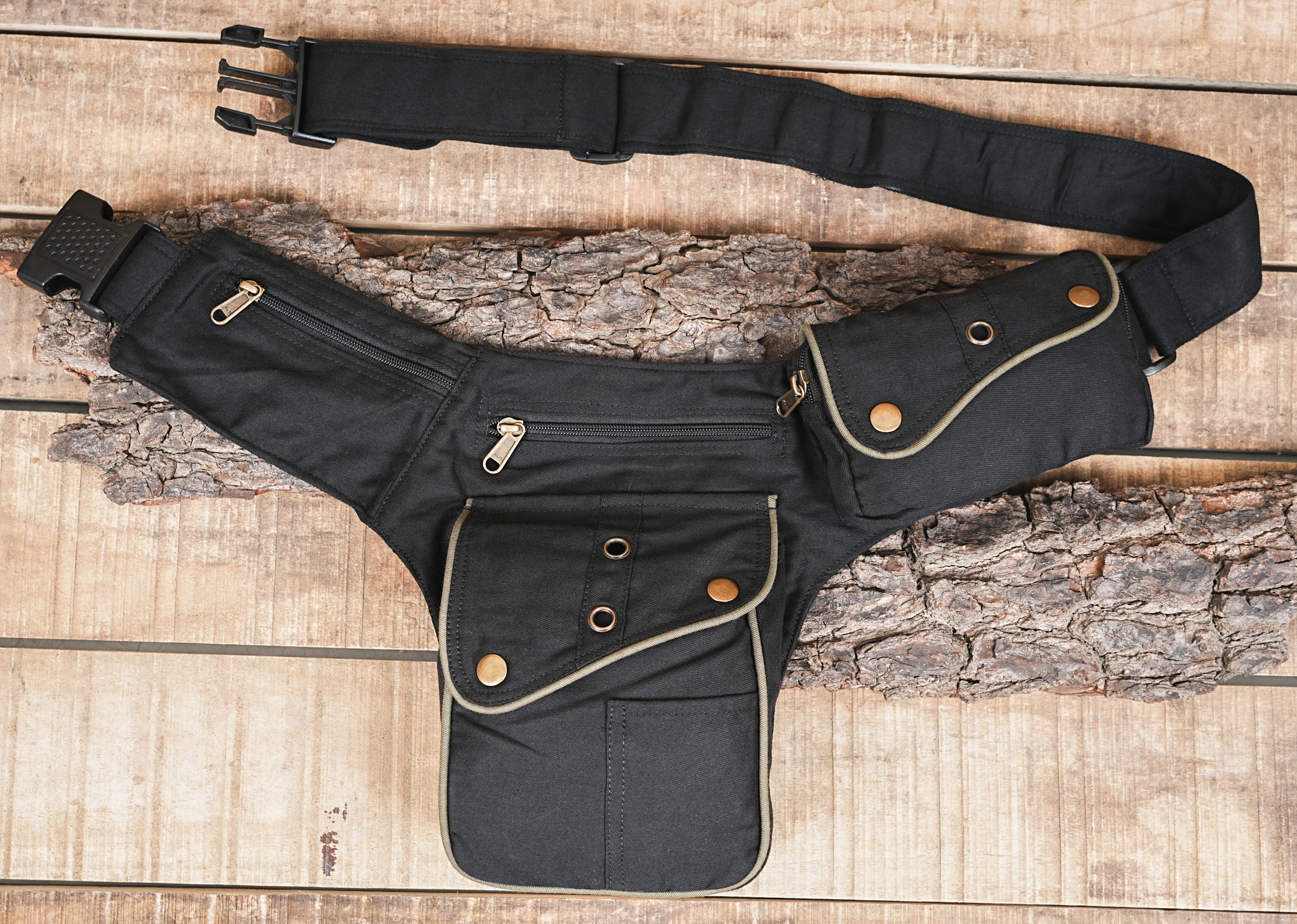 Dark Academia Accessory - Black Cotton Utility Belt with Rugged Brass Hardware