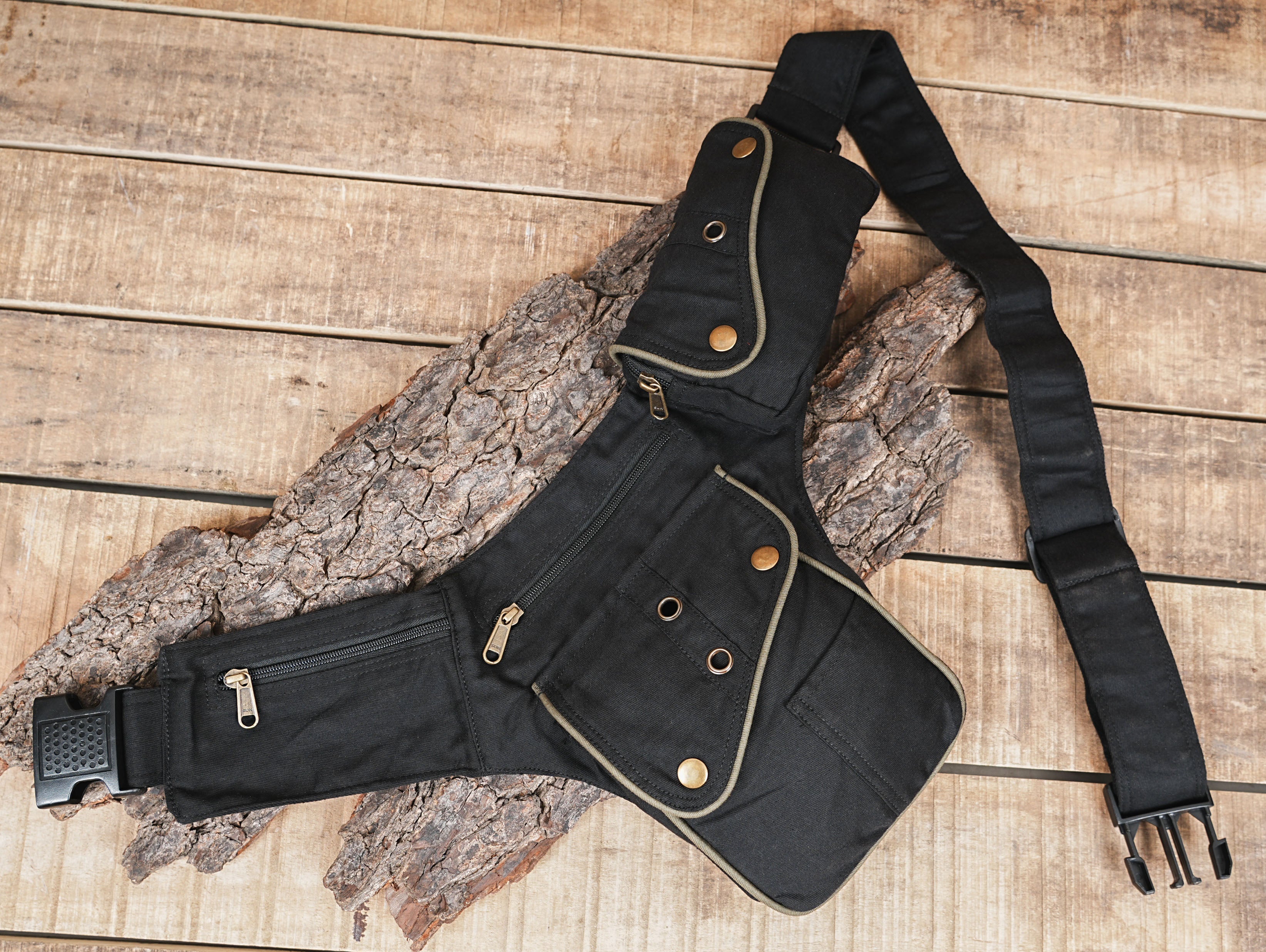 Boho Gypsy Hip Belt - Black Cotton Festival Bag with Steampunk Detail