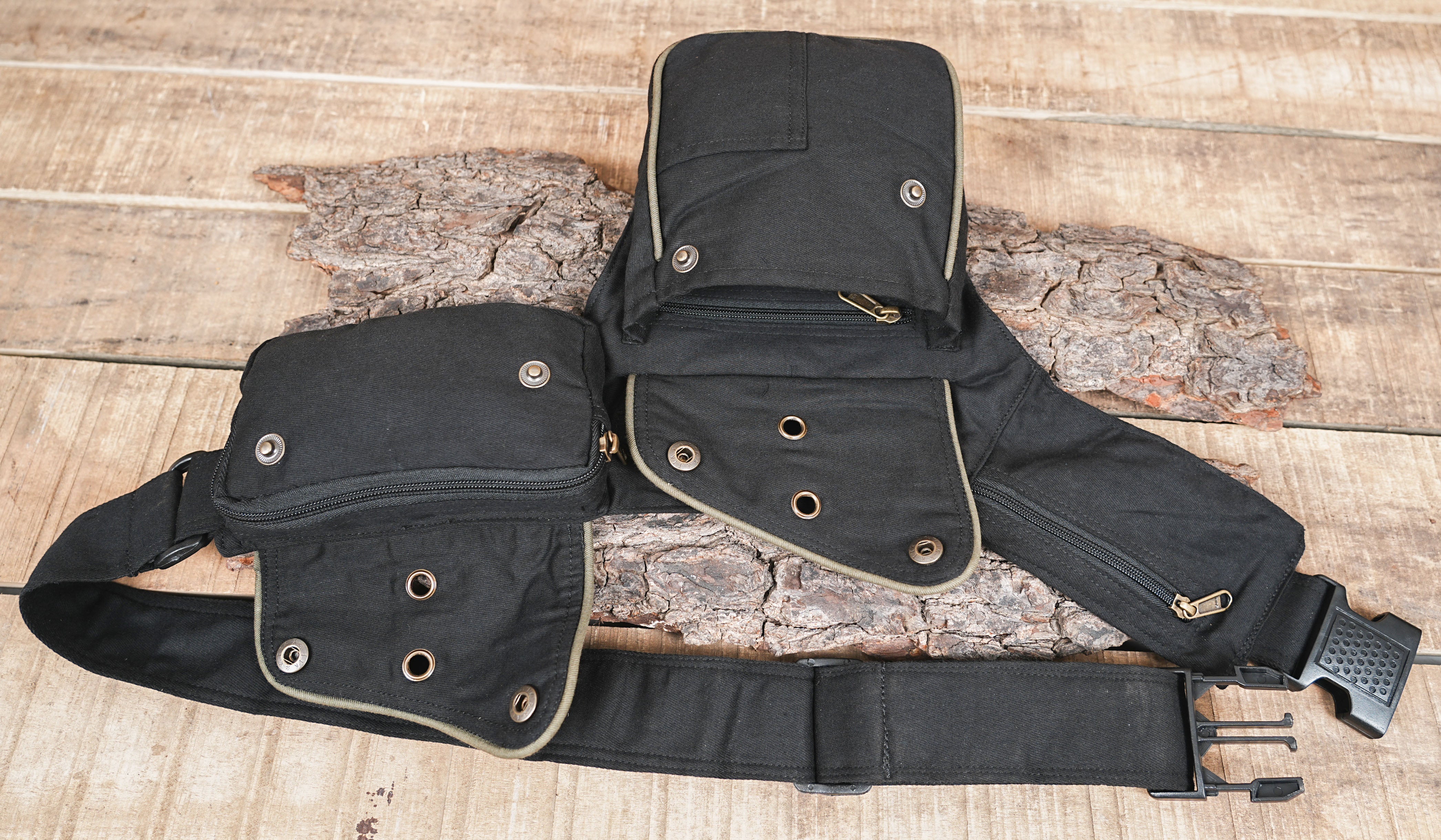 Steampunk Utility Belt Bag - Black Canvas Hip Pouch with Contrast Piping