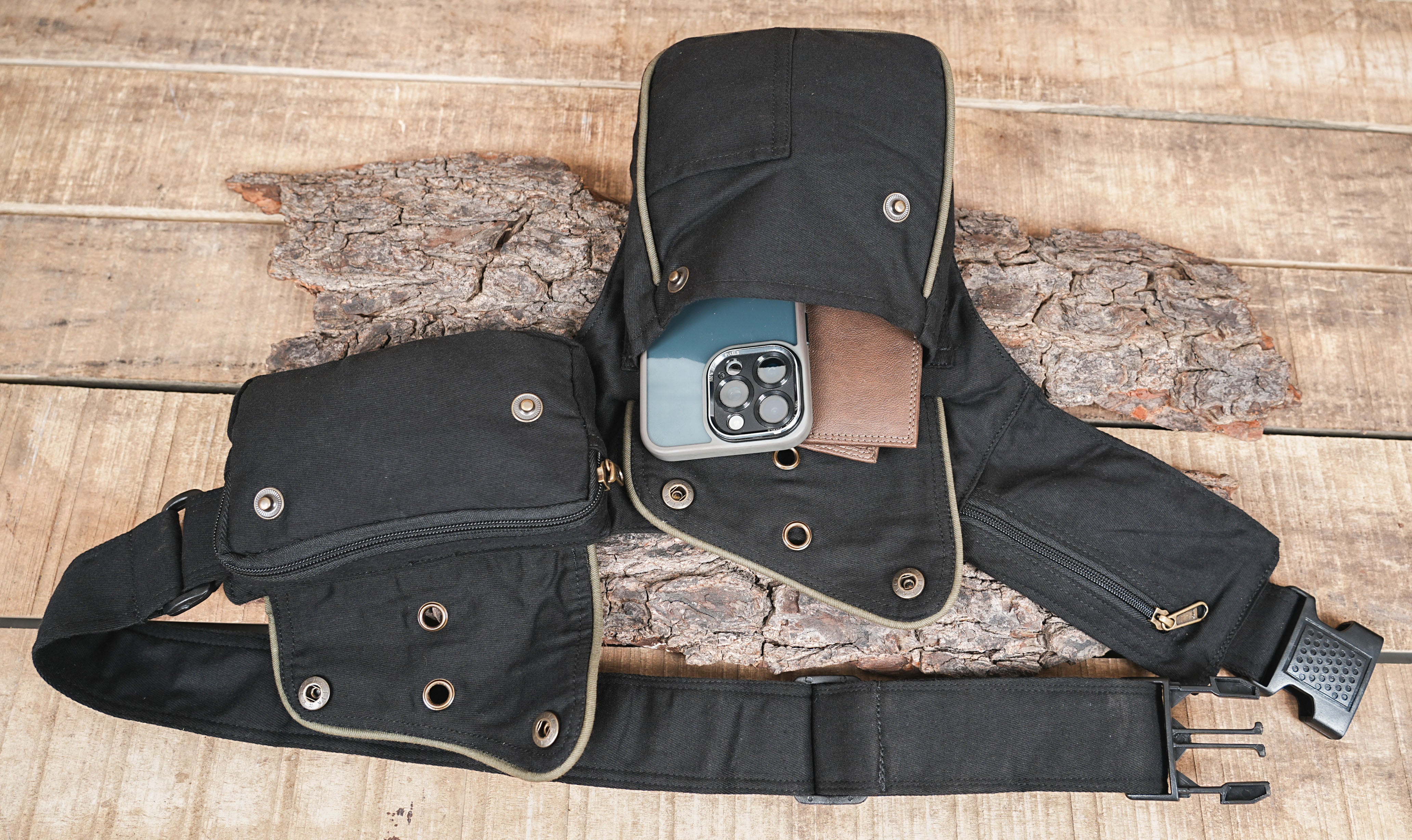 Black Cotton Festival Belt Bag - Unisex Utility Pouch with Antique Brass Hardware