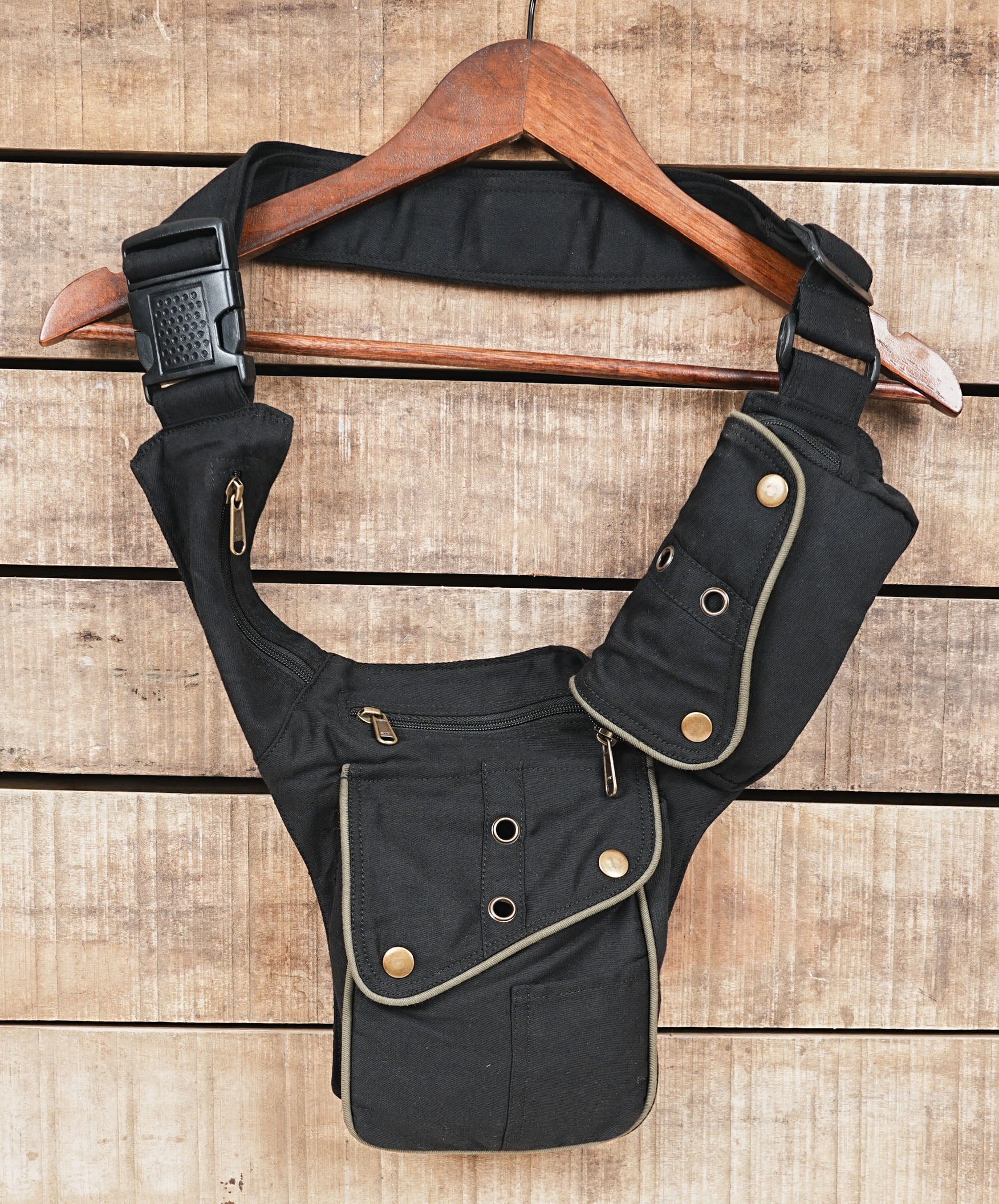 Witchy Vibe Belt Bag - Black Canvas Hip Pouch with Industrial Eyelets