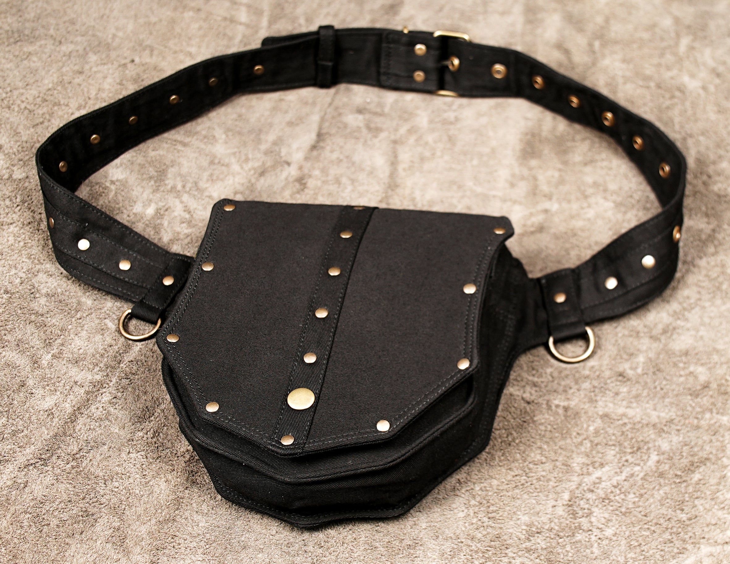 Cyberpunk Utility Pack - Hands-Free Black Canvas Pouch with Antique Brass