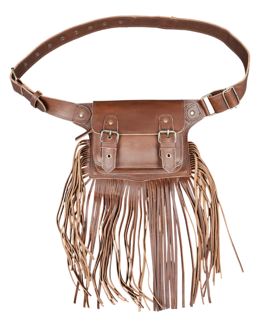 Brown rustic fringe belt pouch with adjustable waist strap and buckles