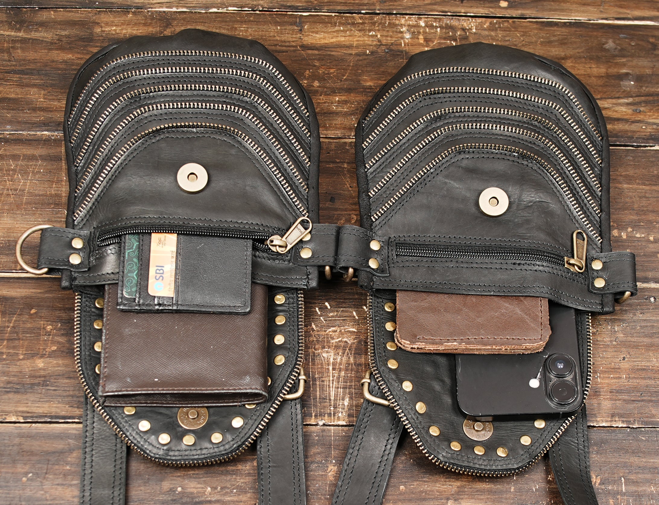 Biker utility holster bag for men with brass details and rugged finish