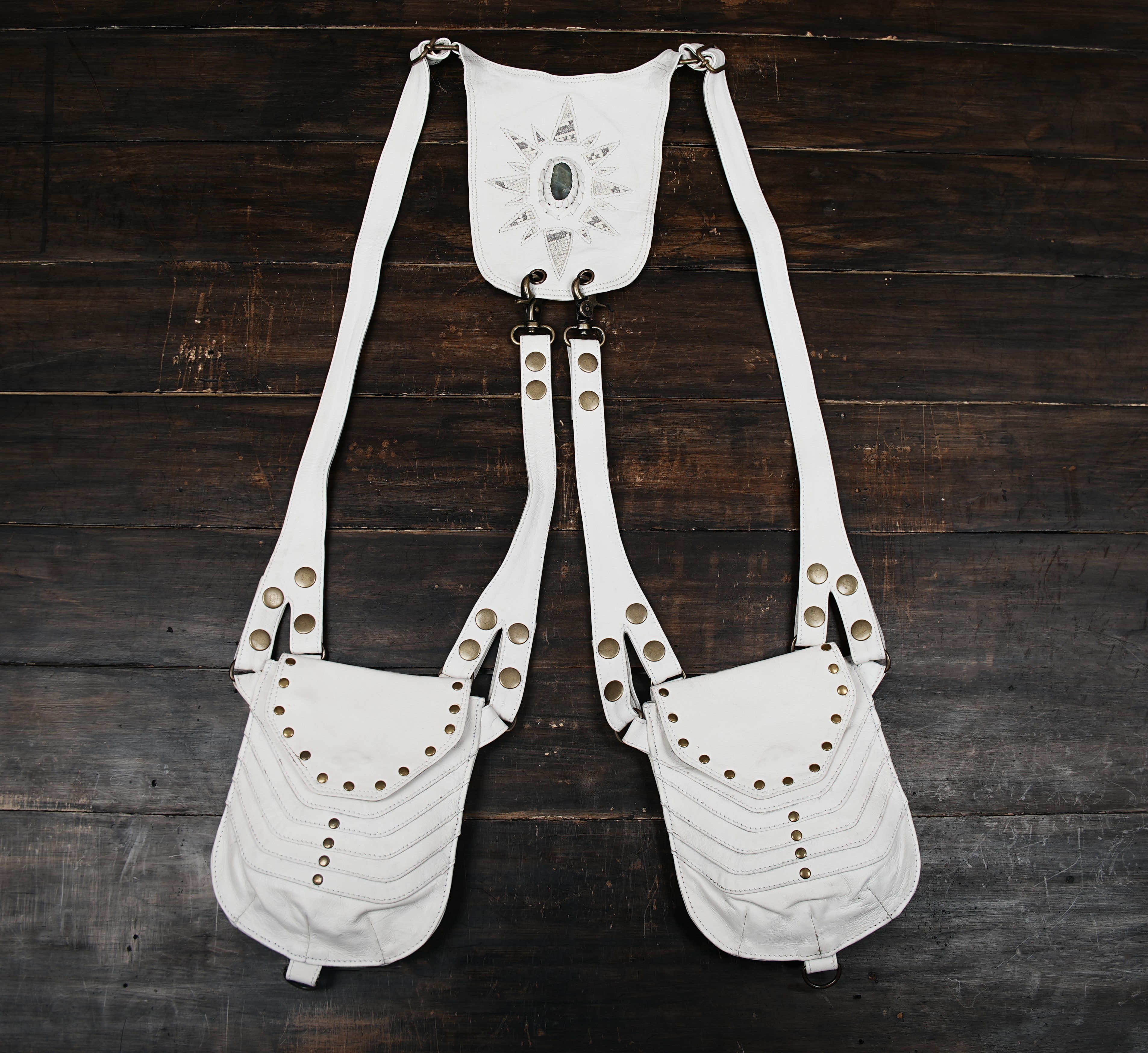 White leather double holster bag with rivet design and gemstone accent