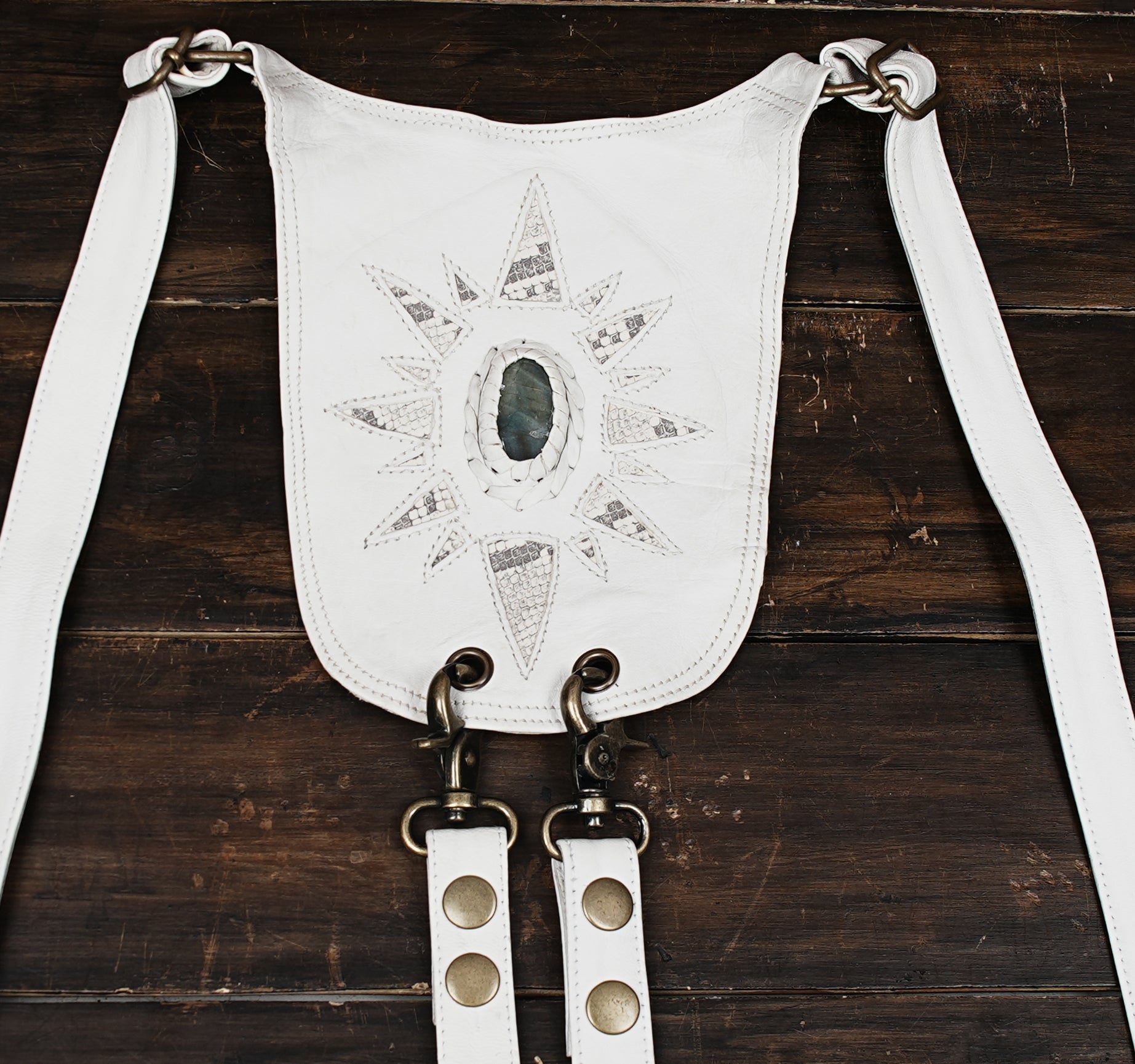 Handcrafted white leather holster harness with dual utility pouches