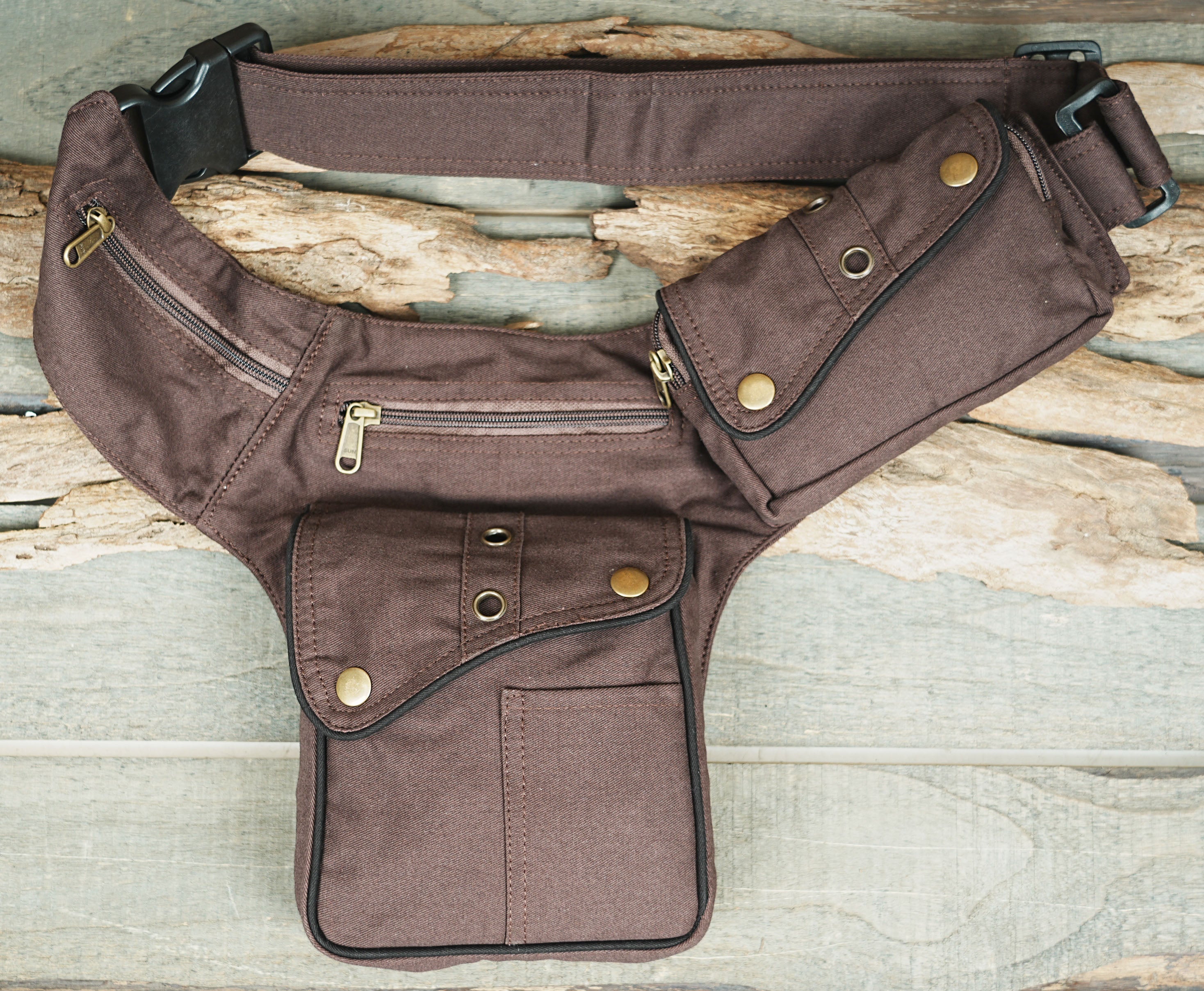 Alternative Fashion Multi-Pocket Belt - Black Canvas with Taupe Accents