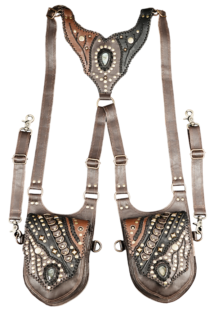 Fantasy inspired leather holster with studded armor detailing