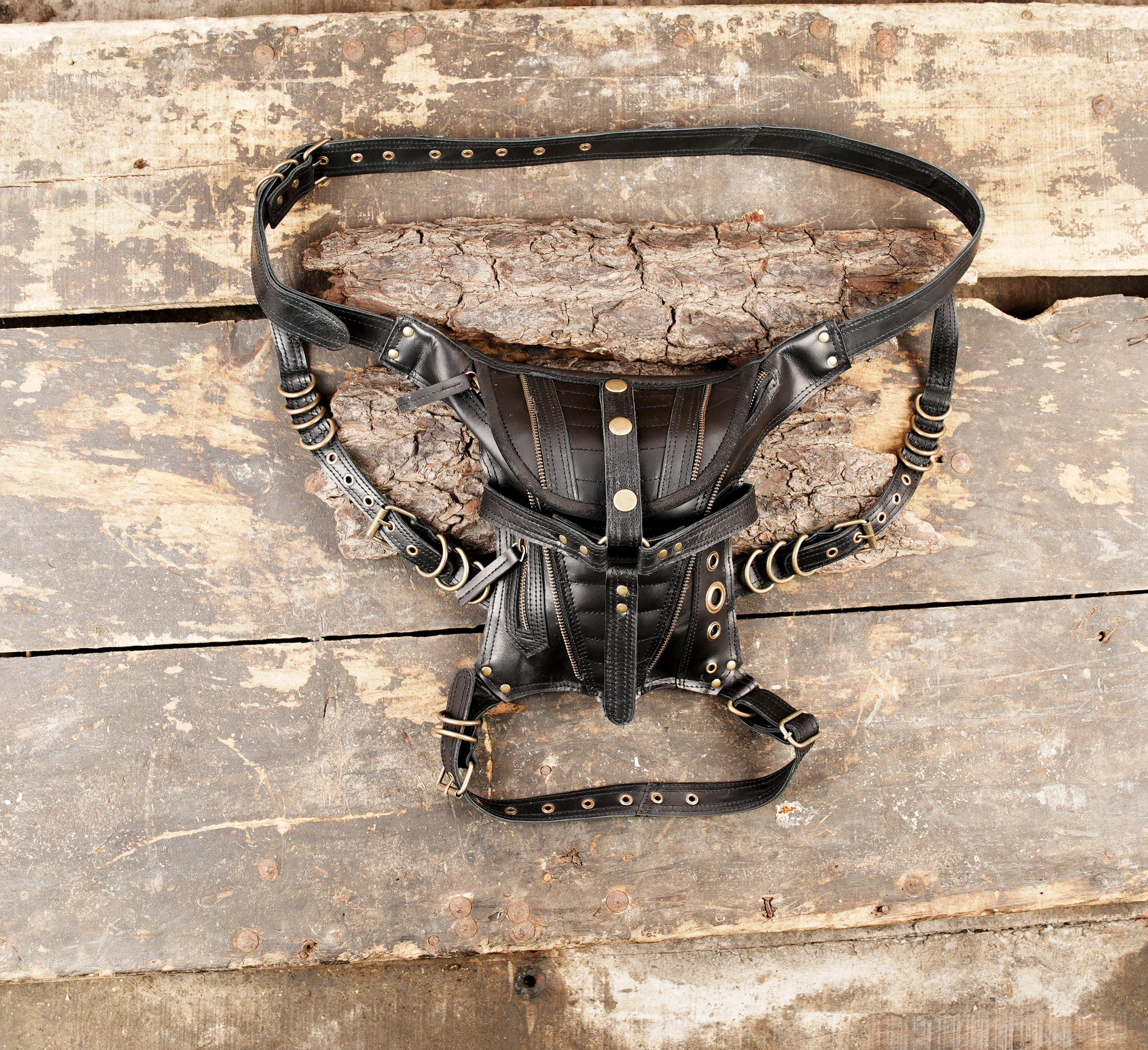 Handmade black leather waist thigh belt with multiple ring details