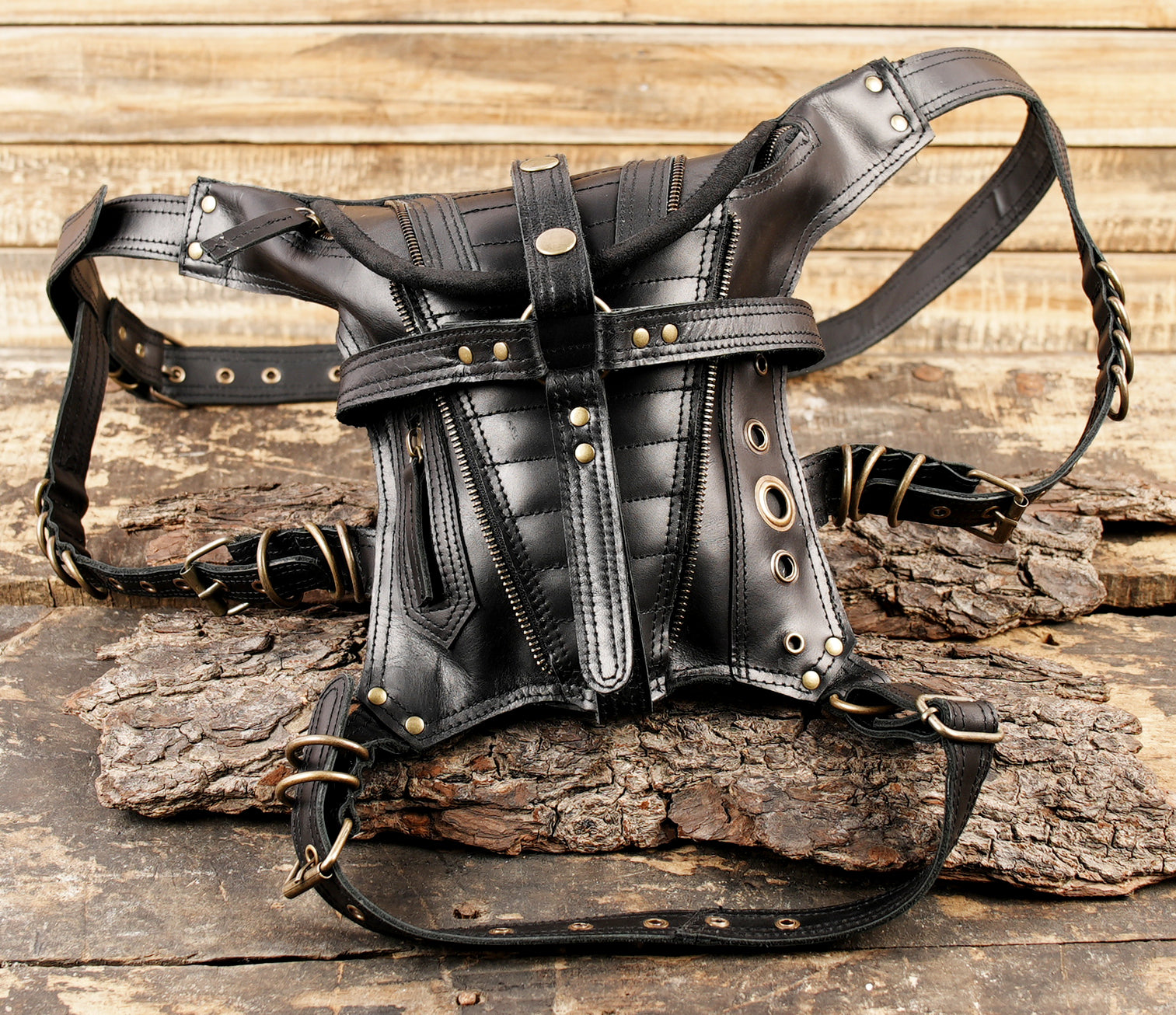 Black leather waist thigh belt with utility design