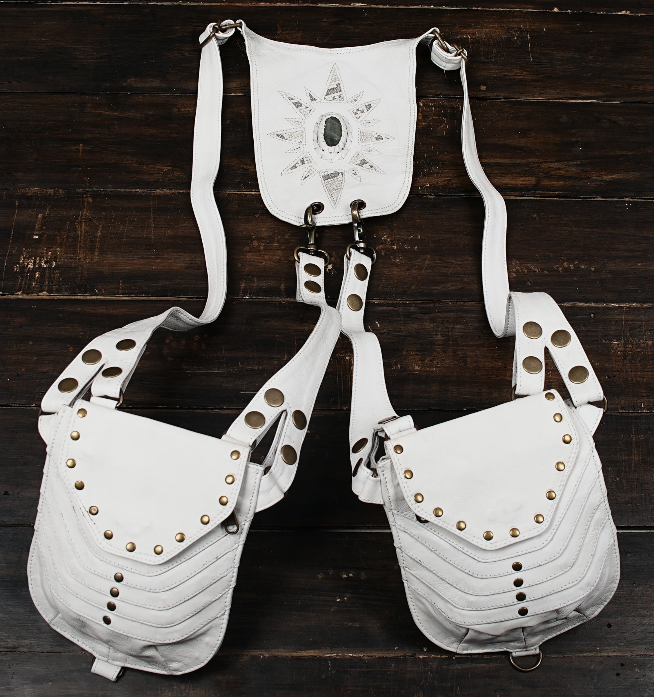 Handmade Leather Holster Bag – Black & White Festival Utility Pouch With Studs Steampunk Gothic with metal are use 