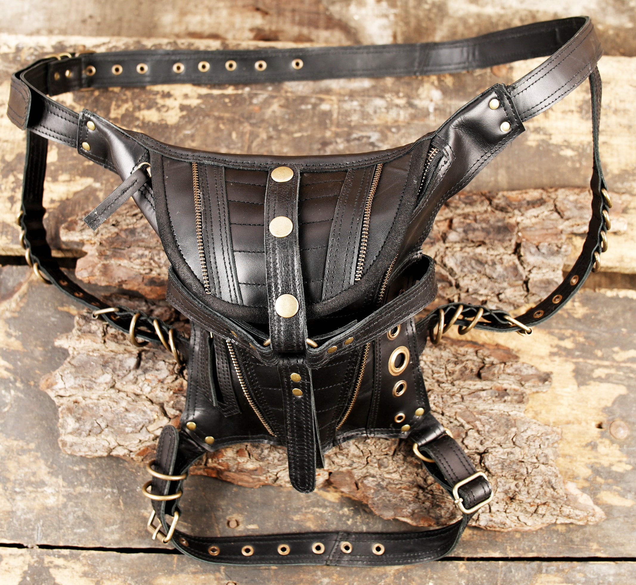 Leather waist thigh bag with metal ring detailing
