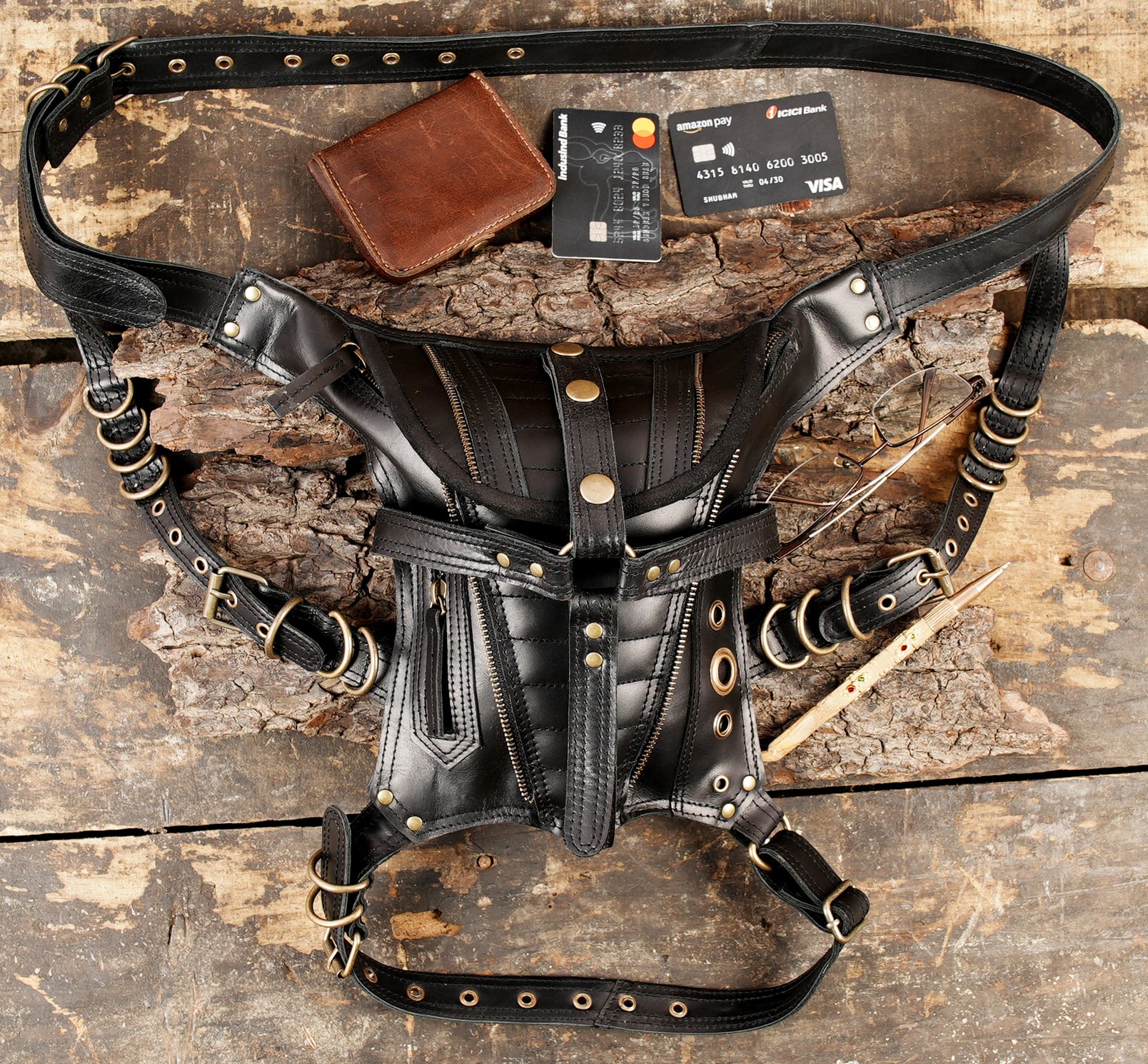 Statement leather waist thigh belt with industrial look