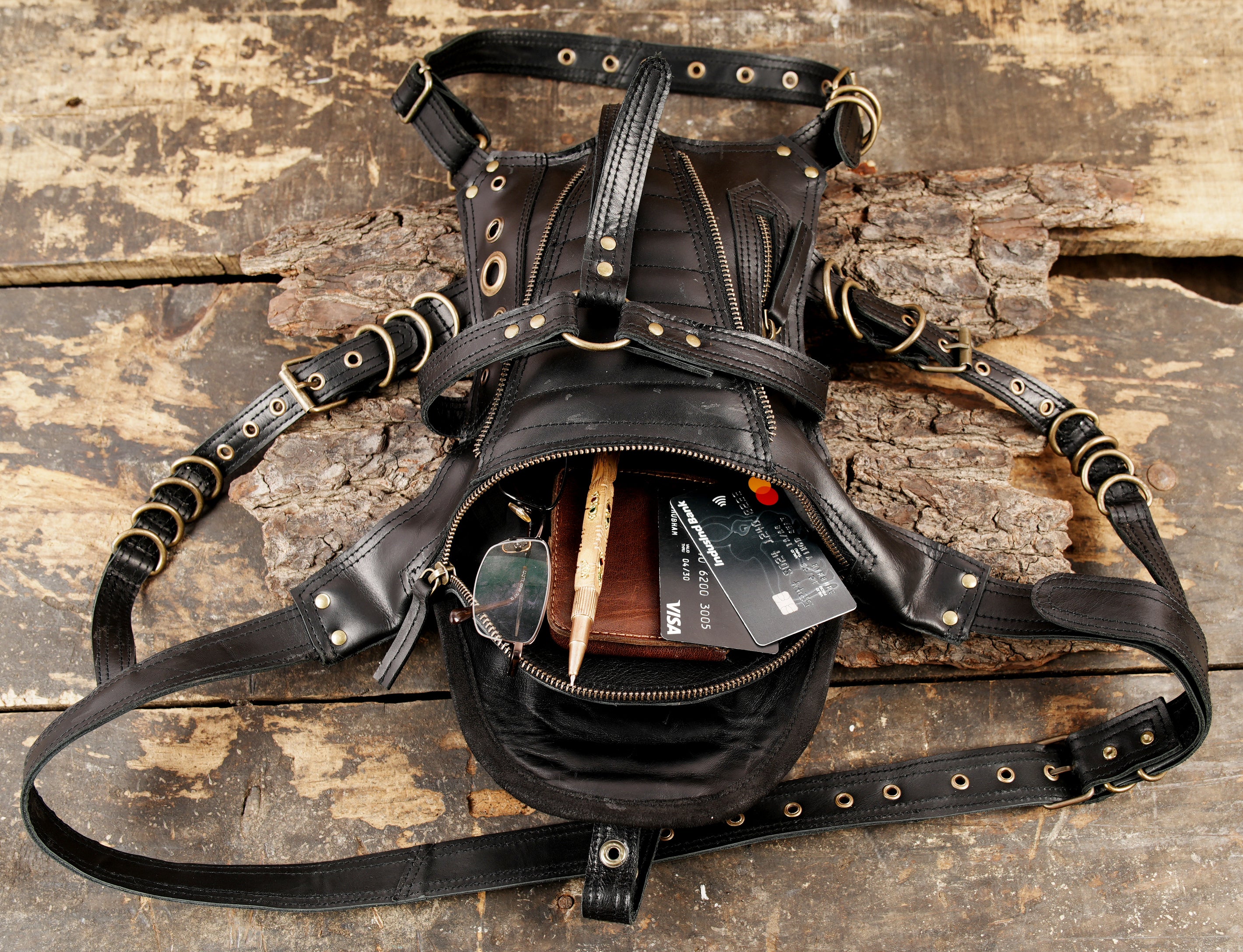 Black leather waist thigh utility harness
