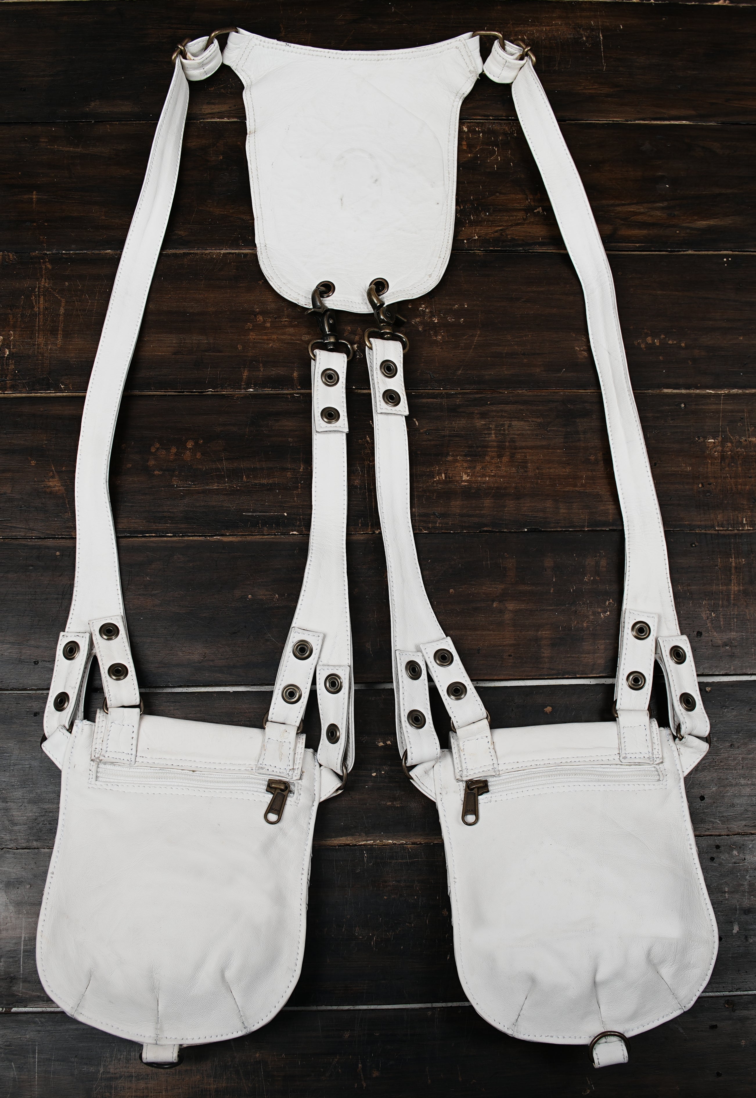 White Leather Holster Bag Leather Shoulder Bag Zipper Holster Leather Festival Travel Bag Burning man Holster Leather with biker holster and back side zipper 