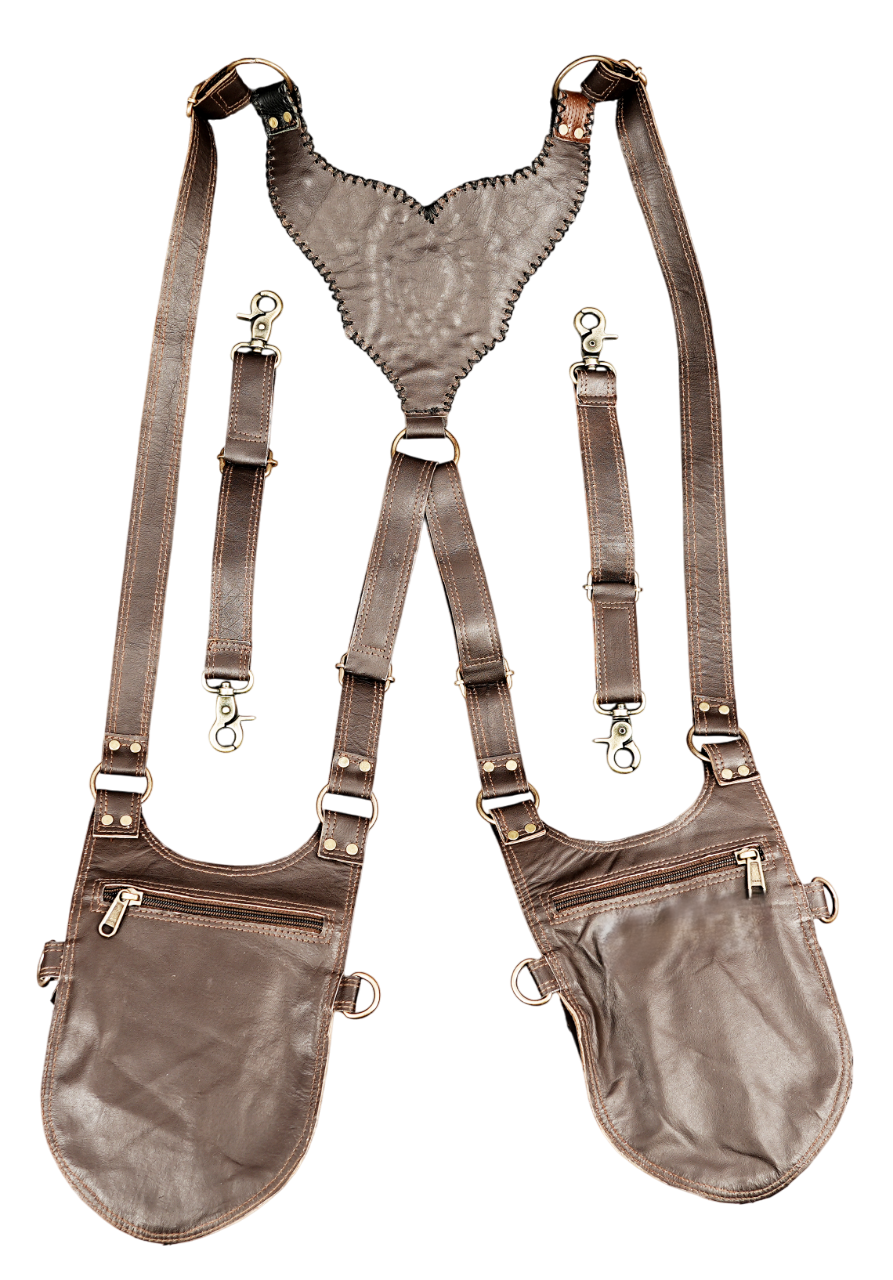 Adjustable brown leather holster with dual pouch support