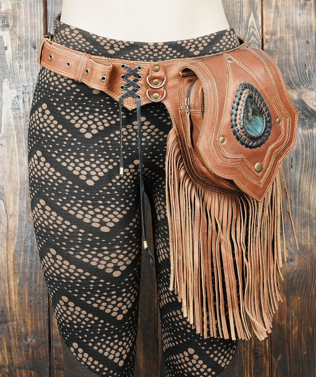 Handmade leather dance belt with gemstone and fringes