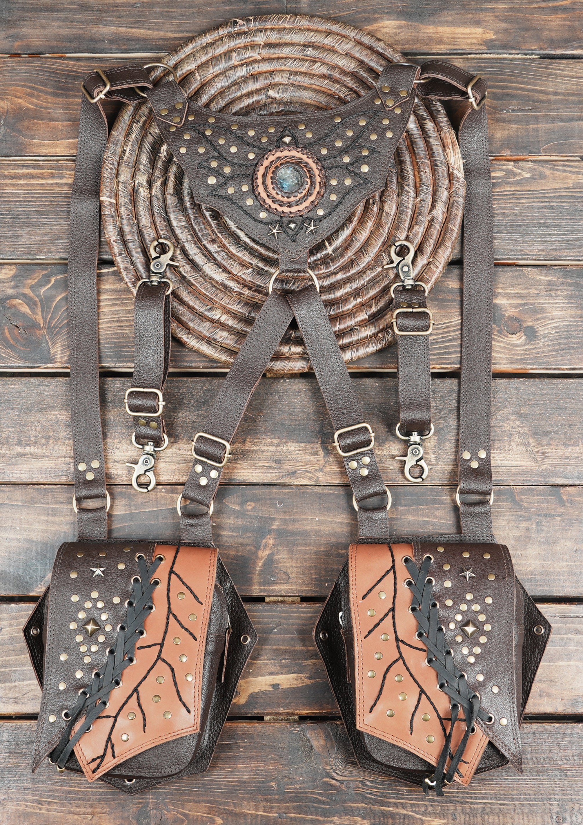 Handcrafted Dual Pouch Leather Holster Harness || Steampunk Style Adjustable Leather Utility Holster (LT-AB-HLS-6060)