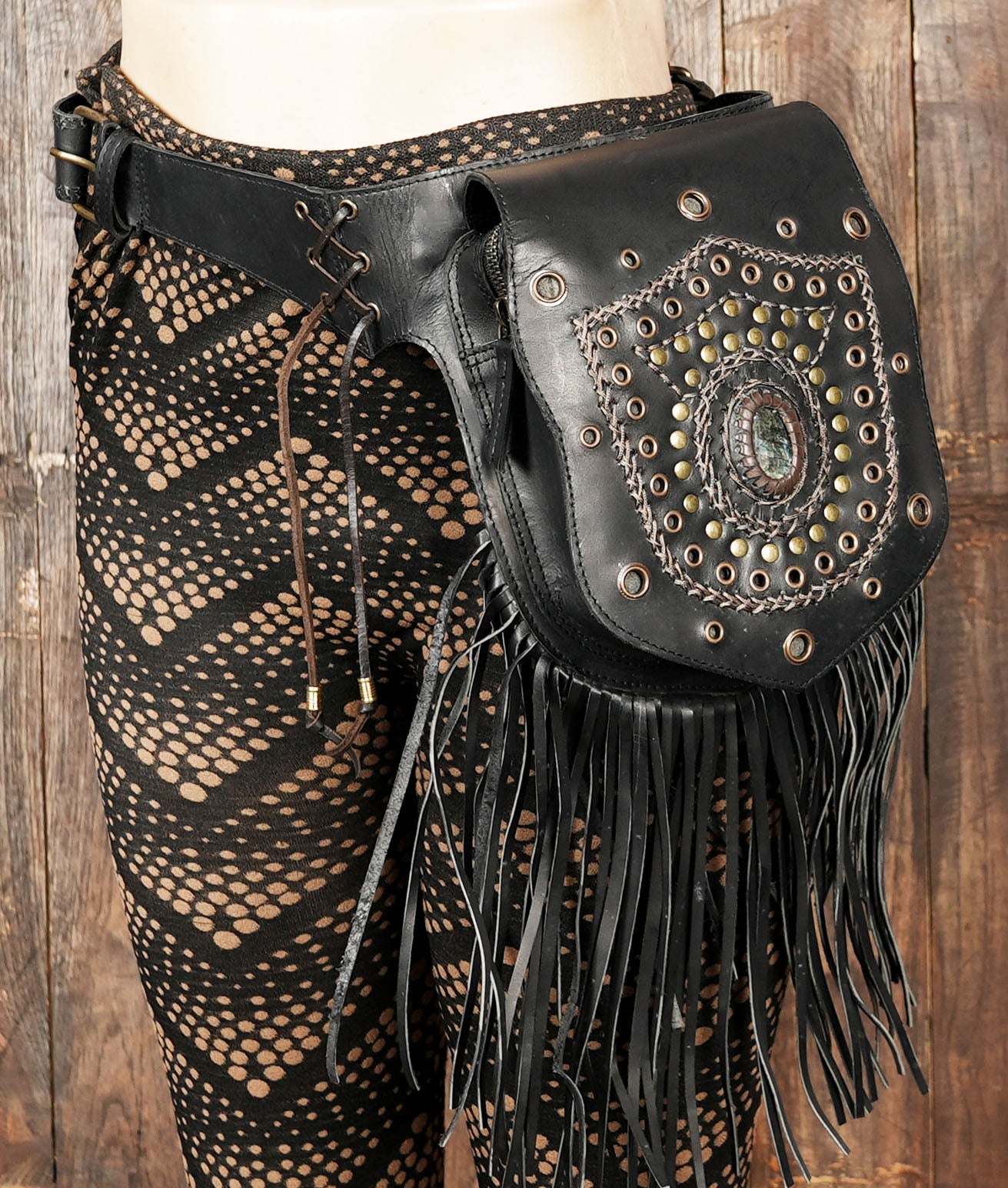 Handmade Genuine Leather Waist Belt with Gemstone || Gothic Boho Leather Belt Bag with Stone Centerpiece (LT-AB-WB-6124)