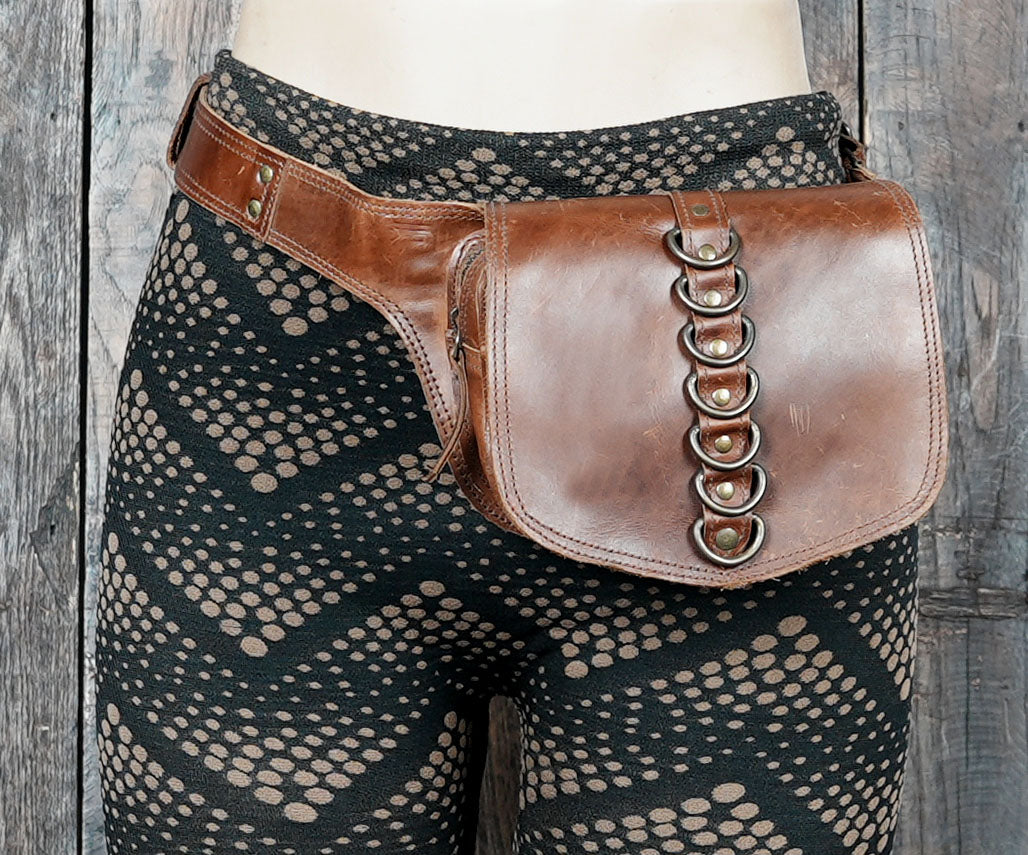 Leather utility belt with front pouch and ring detail