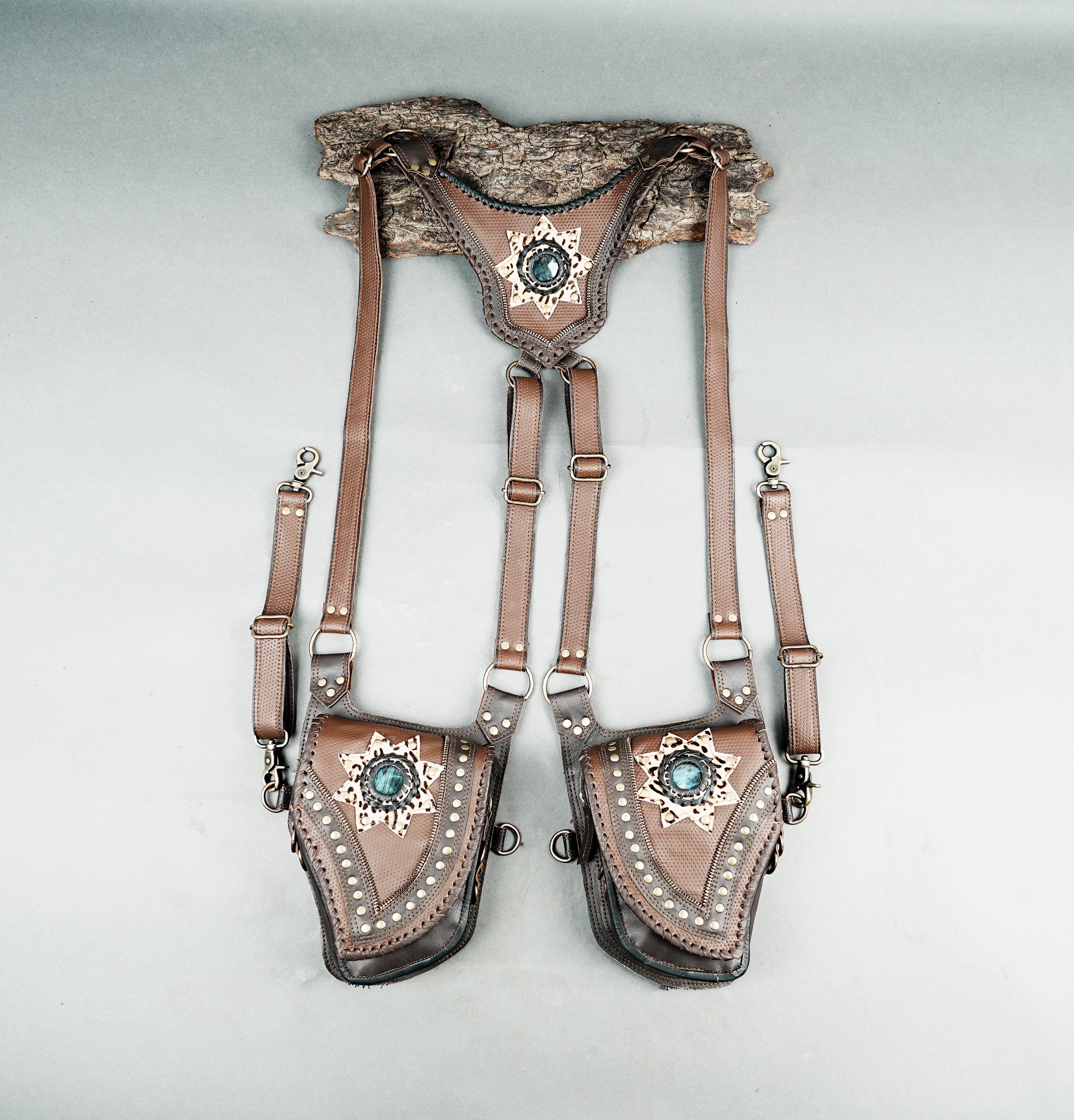 Statement leather harness with dual pocket storage design