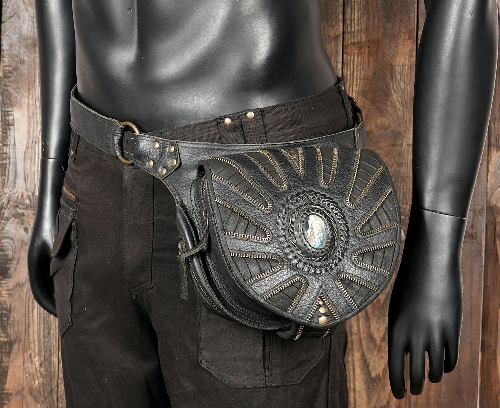 Stylish black leather hip pouch for men with Western vintage charm
