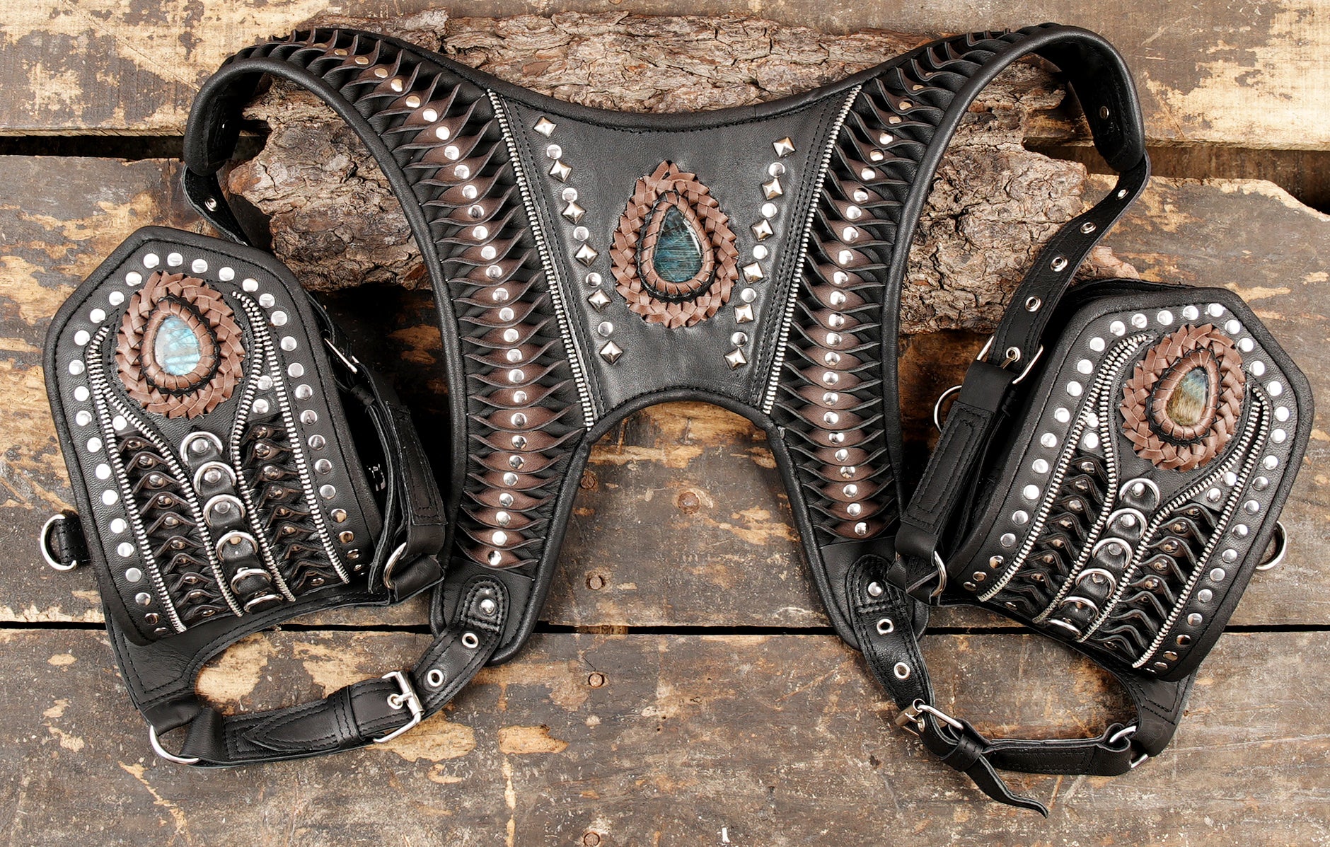 Studded leather holster featuring gemstone detailing on chest and pockets